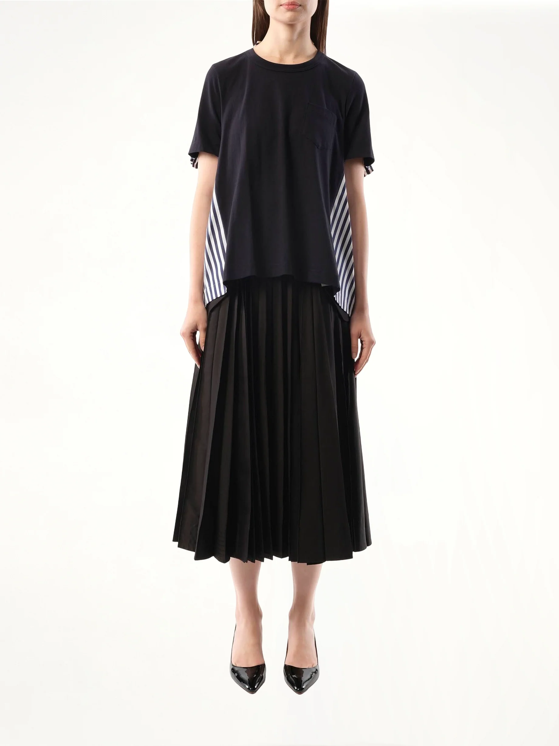 Cotton Poplin x Cotton Jersey T-Shirt in Navy/Navy Stripe - Image 4