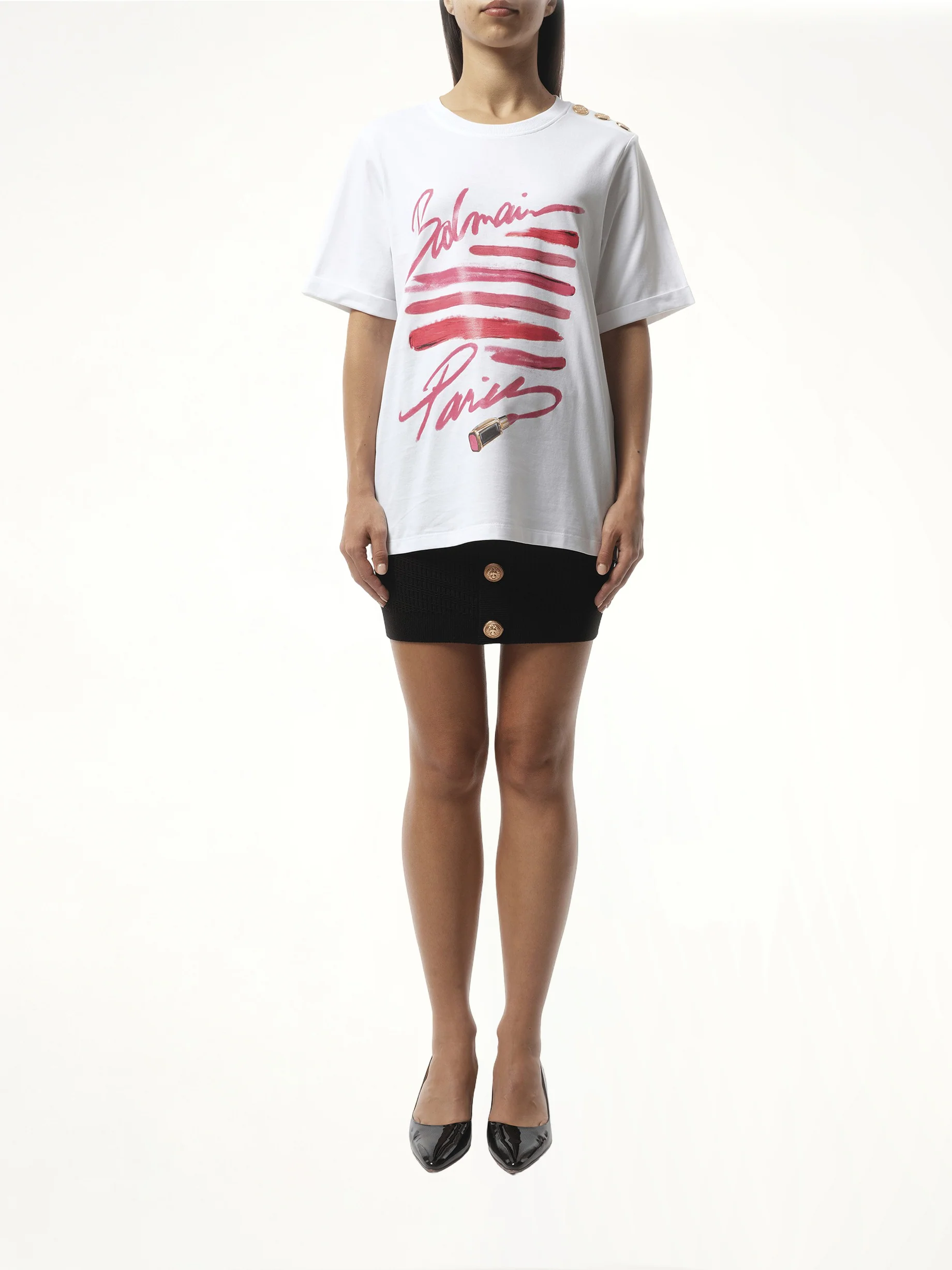 3 Btn Balmain Lipstick Print T-Shirt in White - Image 4
