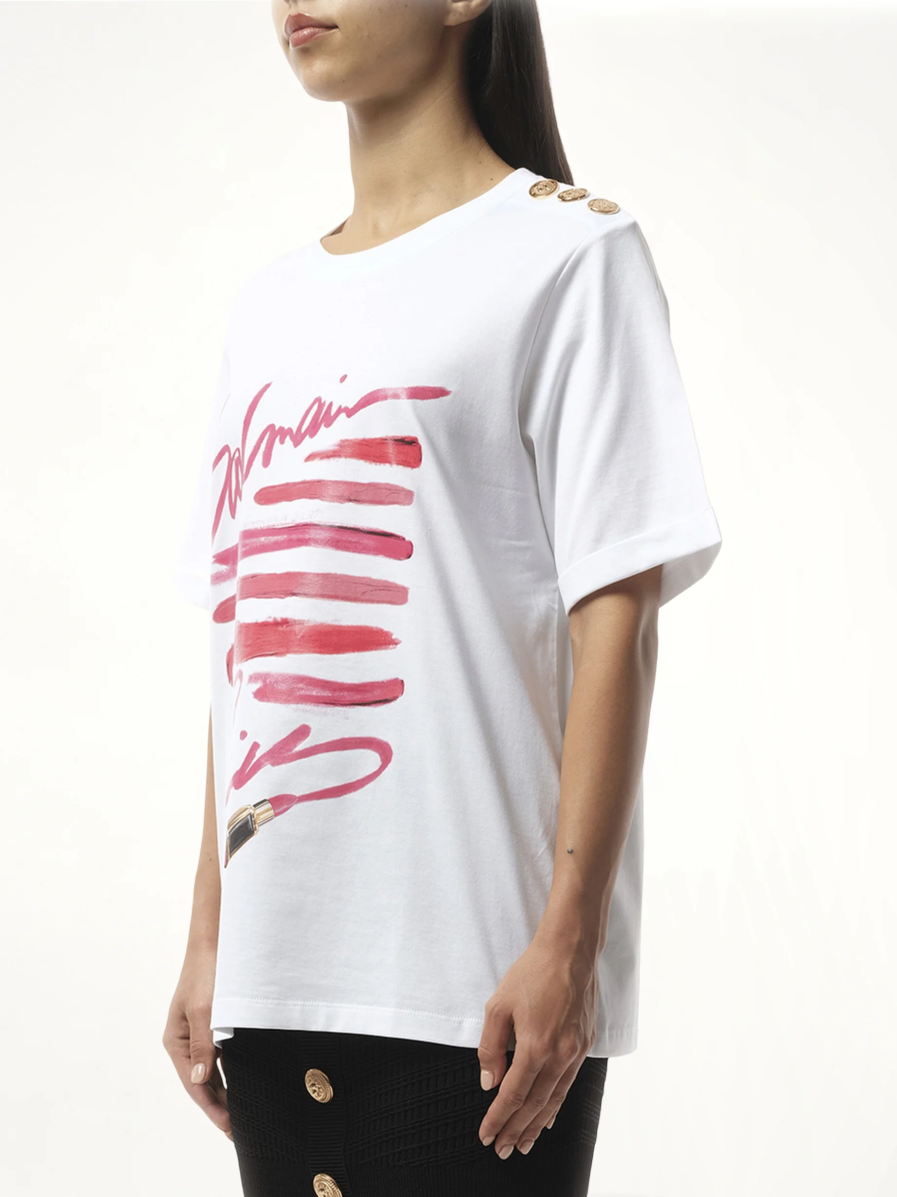 3 Btn Balmain Lipstick Print T-Shirt in White - Image 5
