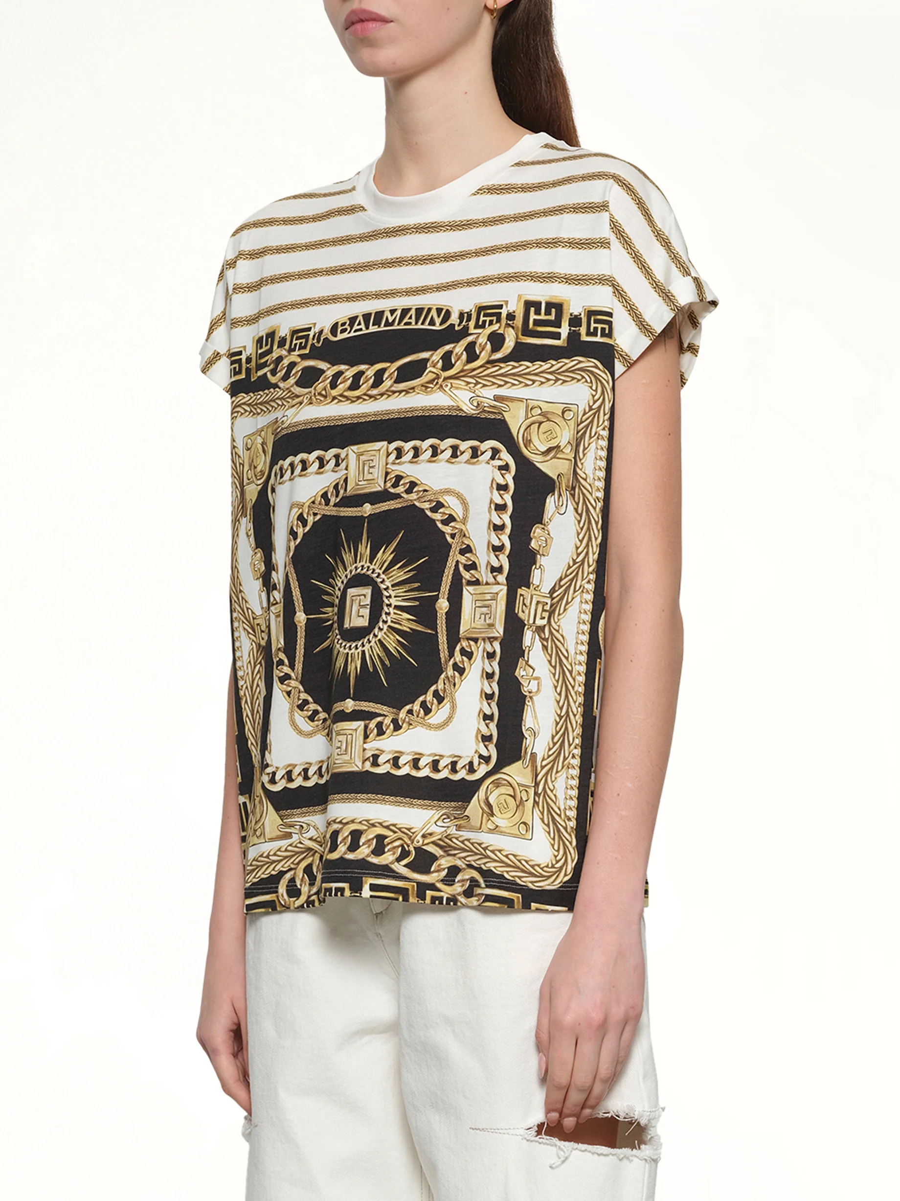 3 BTNS Foulard Print T-Shirt in White/Black/Gold - Image 3