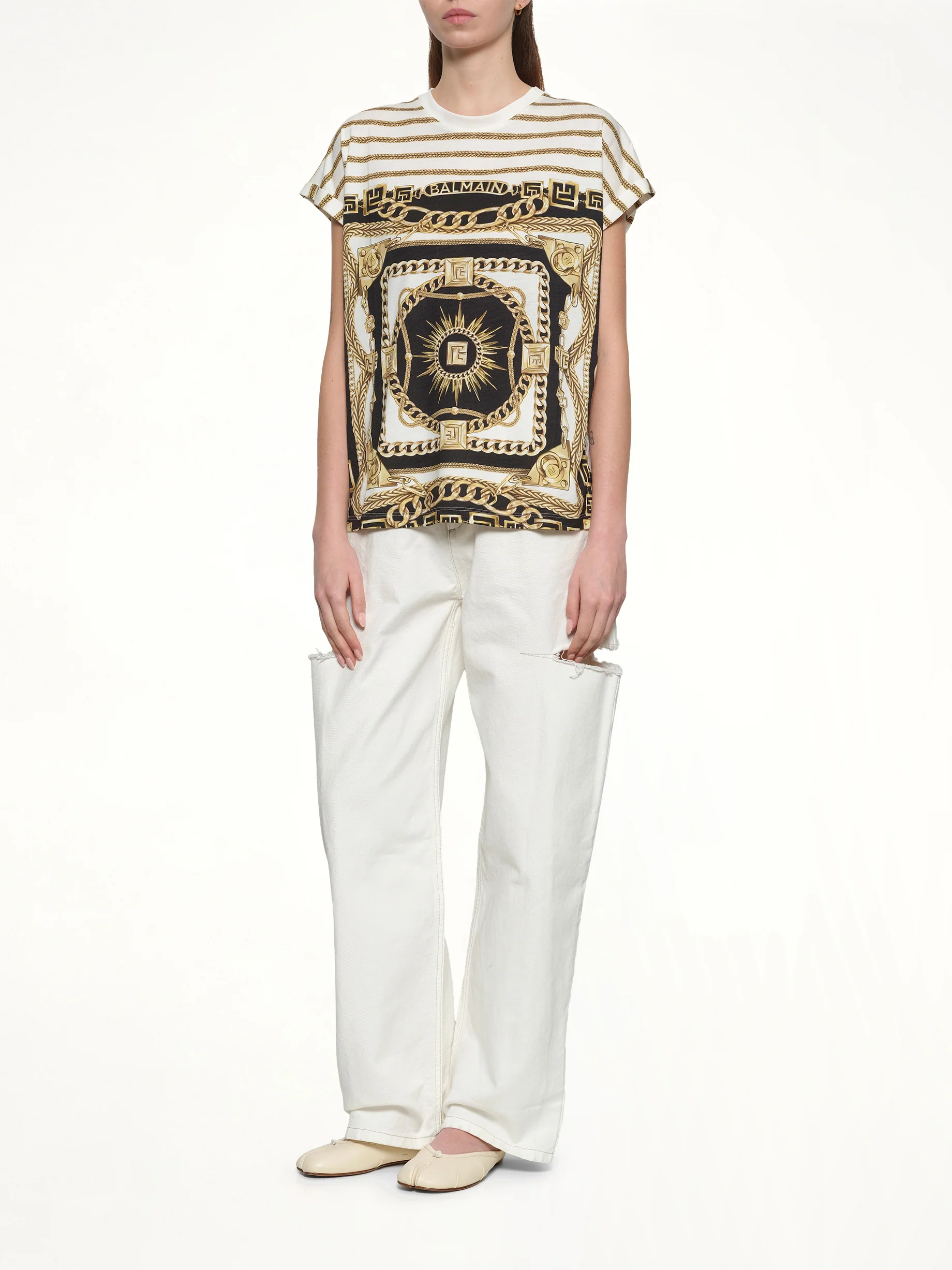 3 BTNS Foulard Print T-Shirt in White/Black/Gold - Image 4