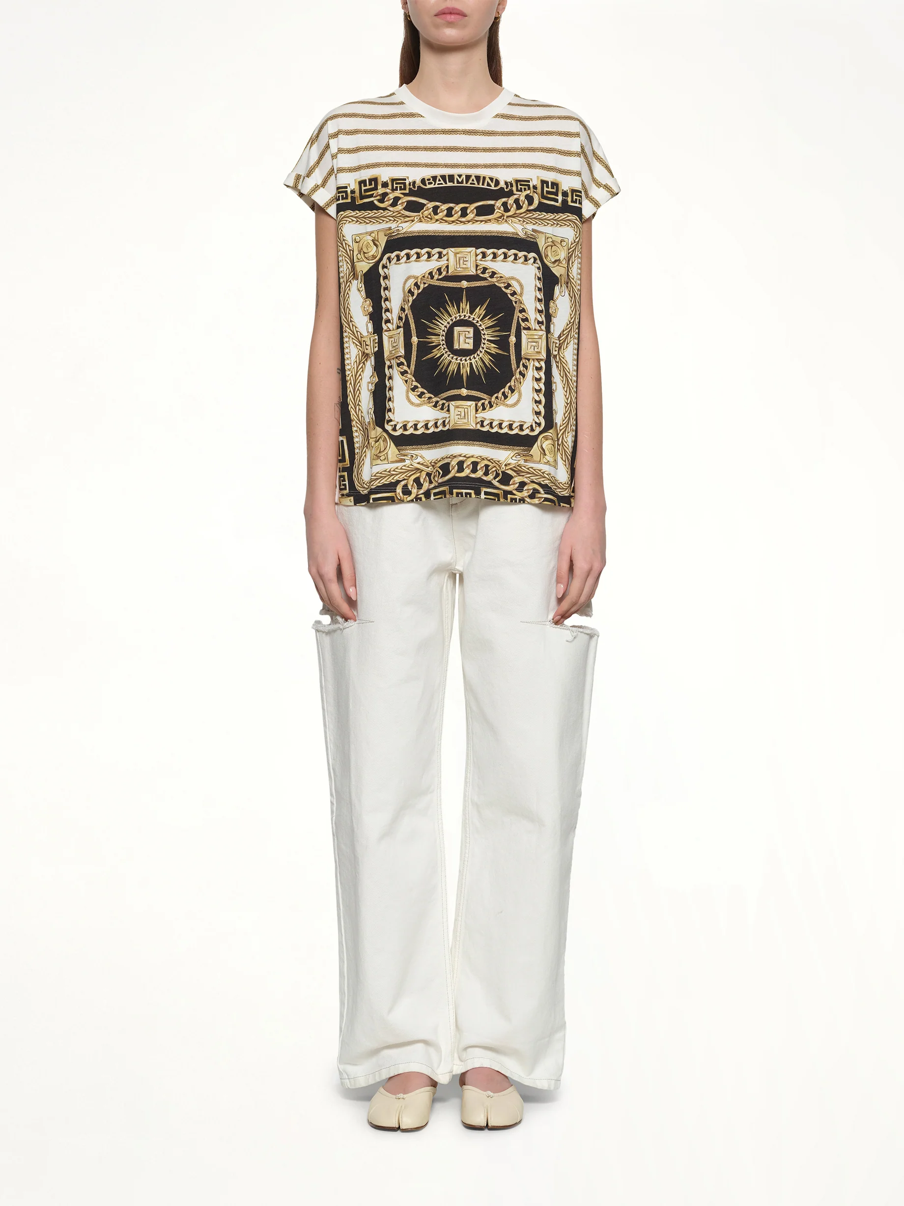 3 BTNS Foulard Print T-Shirt in White/Black/Gold - Image 7
