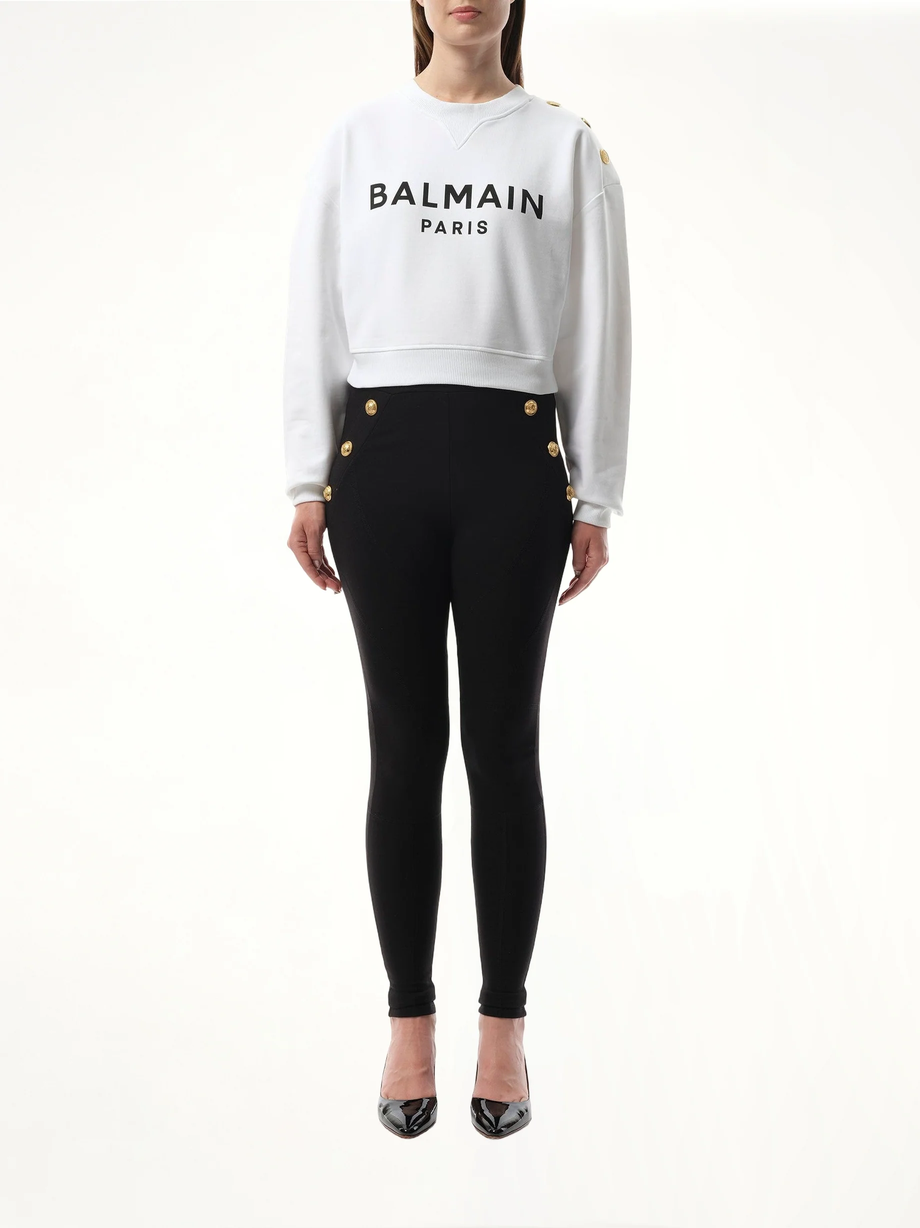 3 Button Balmain Printed Sweatshirt in White/Black - Image 4