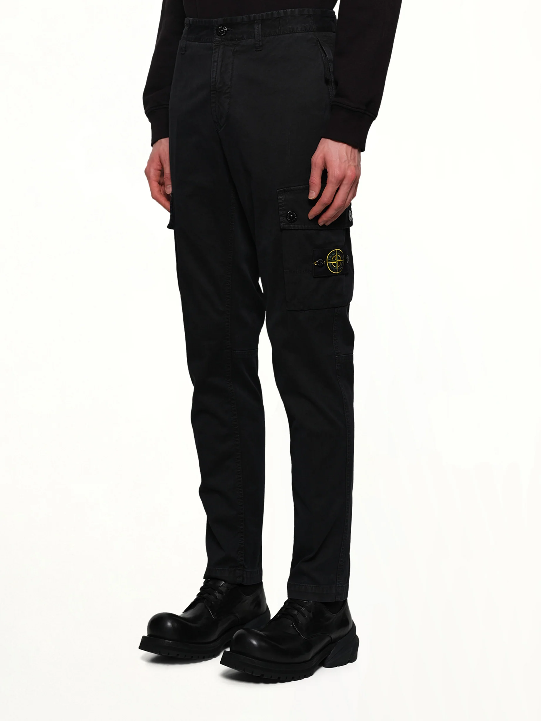 3100034 Stretch Organic Broken Twill Cotton 'Old' Effect Cargo Pants in Black - Image 3
