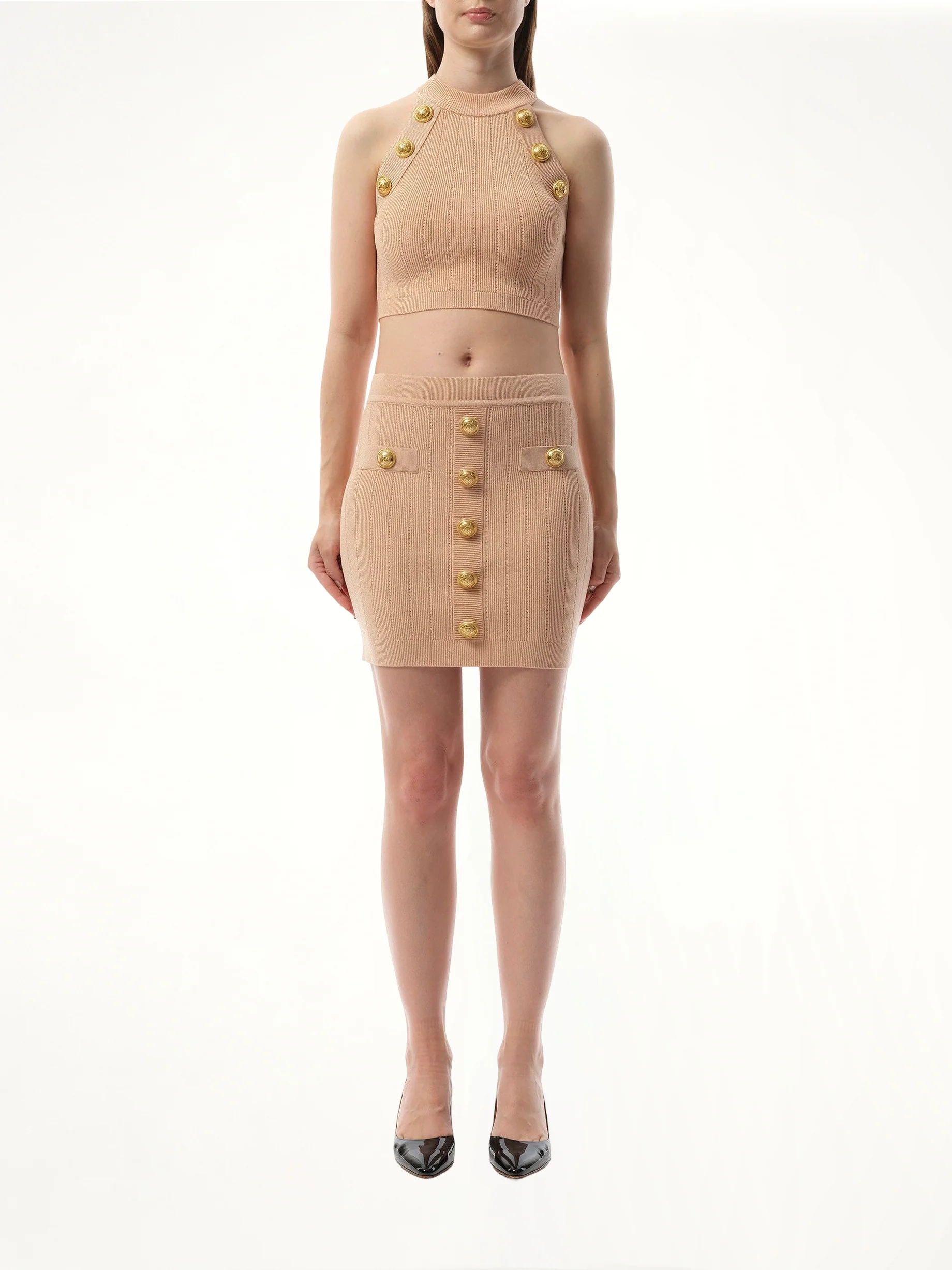 6 Button Halterneck Knit Cropped Top in Nude Rose - Image 4