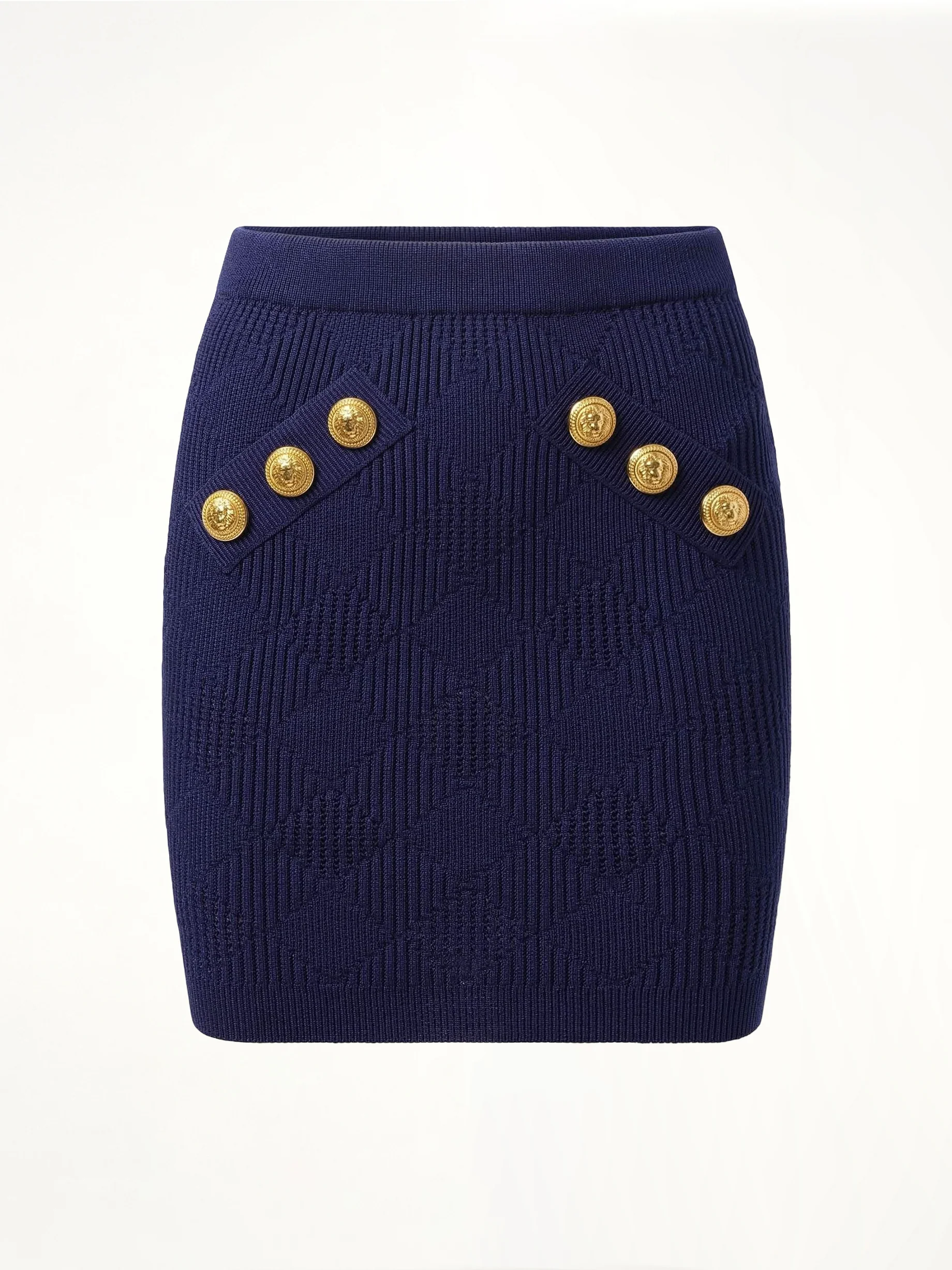 6 Button Vichy Knit Short Skirt in Midnight Blue - Image 2