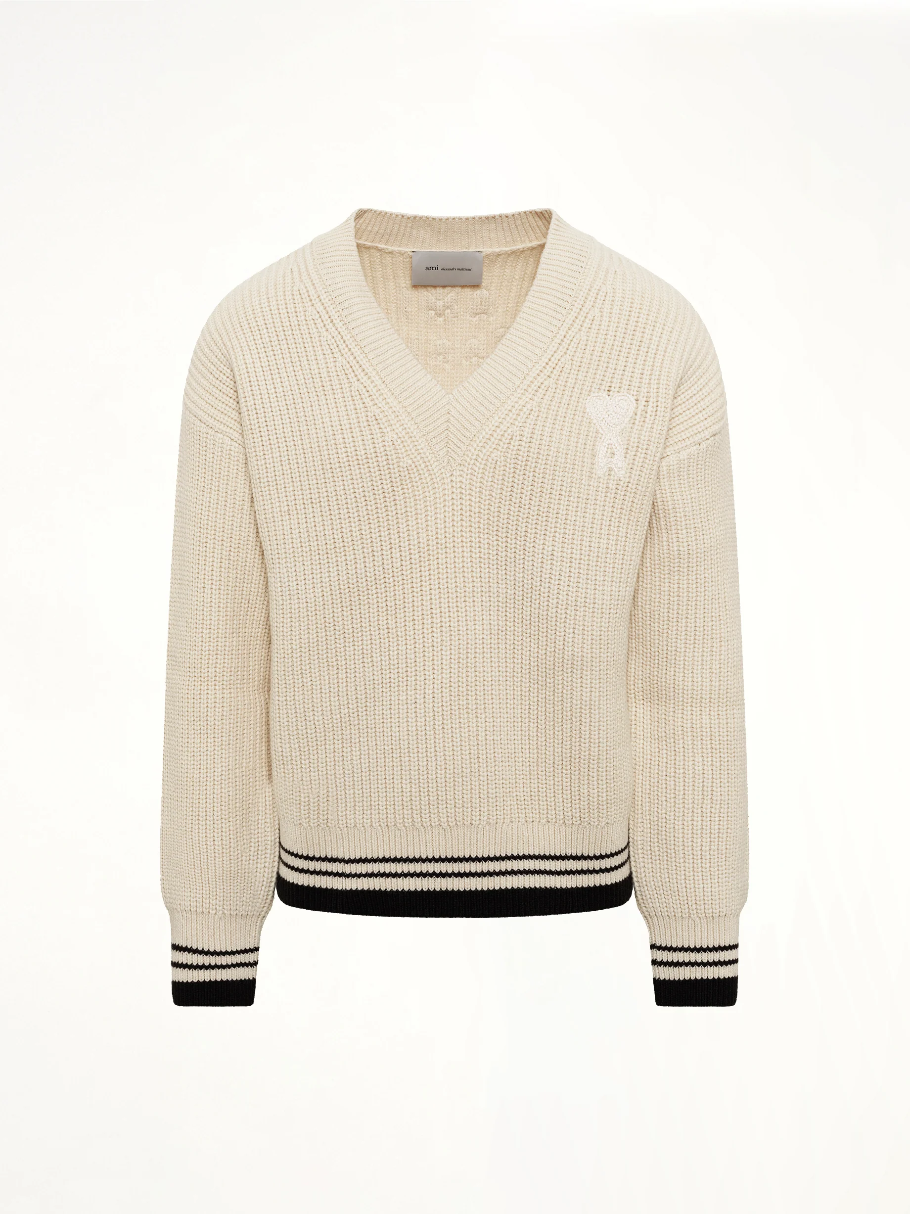 Ami De Coeur V Neck College Sweater in Off White - Image 2