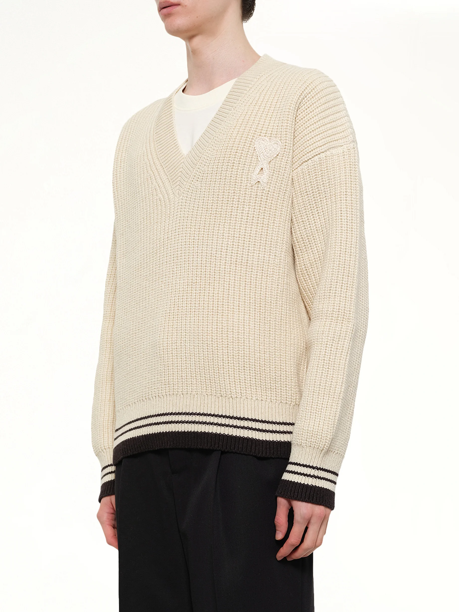 Ami De Coeur V Neck College Sweater in Off White - Image 3