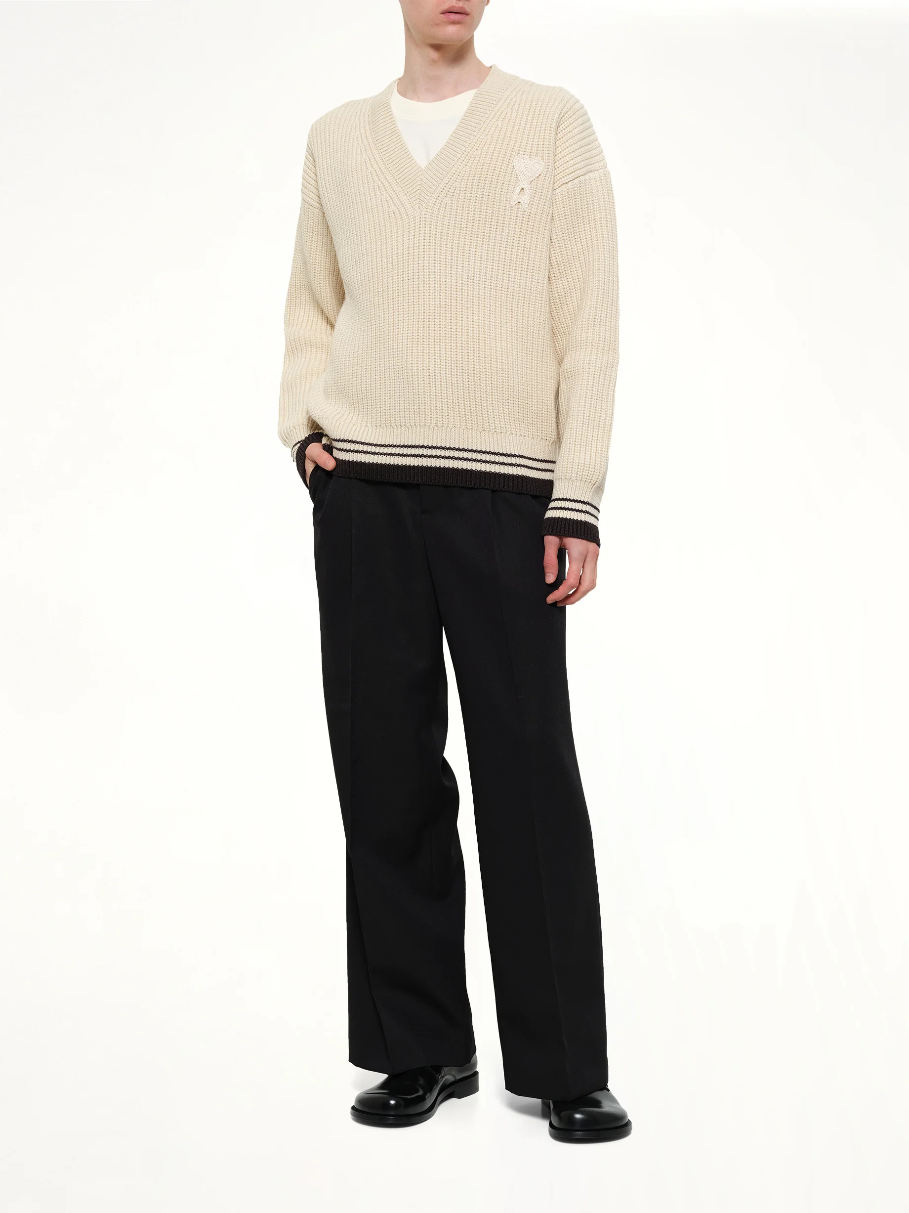 Ami De Coeur V Neck College Sweater in Off White - Image 4