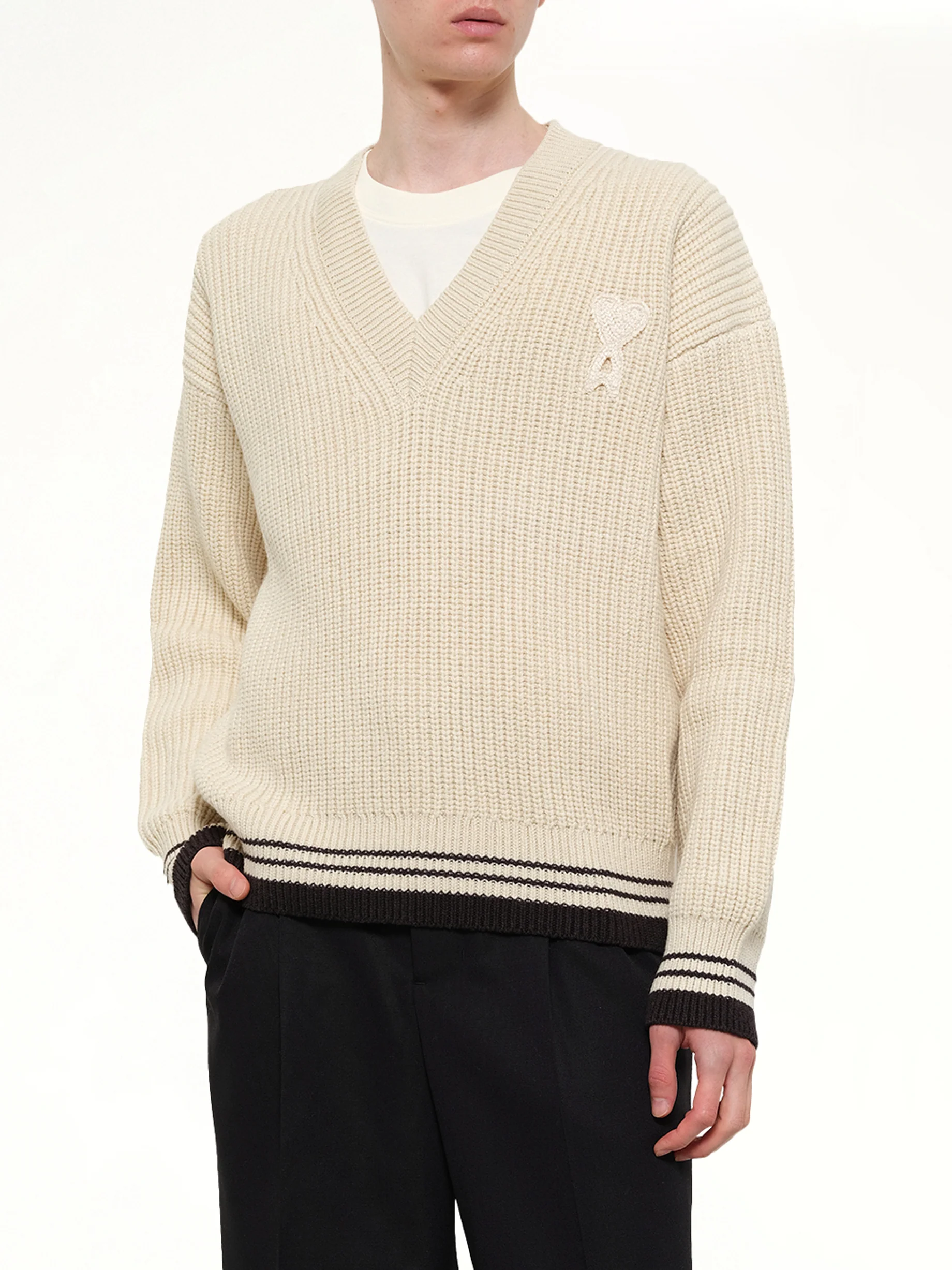 Ami De Coeur V Neck College Sweater in Off White - Image 6