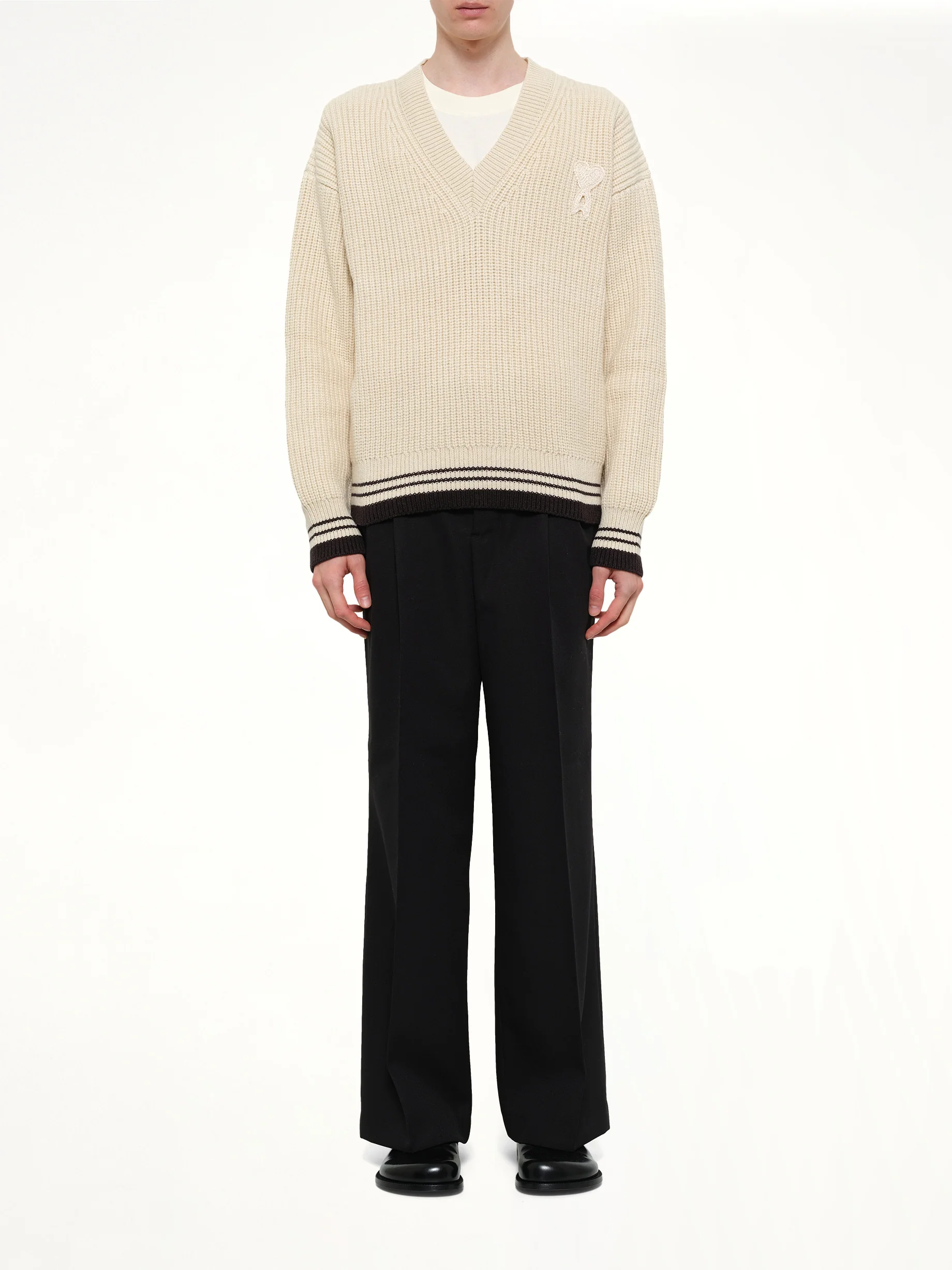 Ami De Coeur V Neck College Sweater in Off White - Image 7
