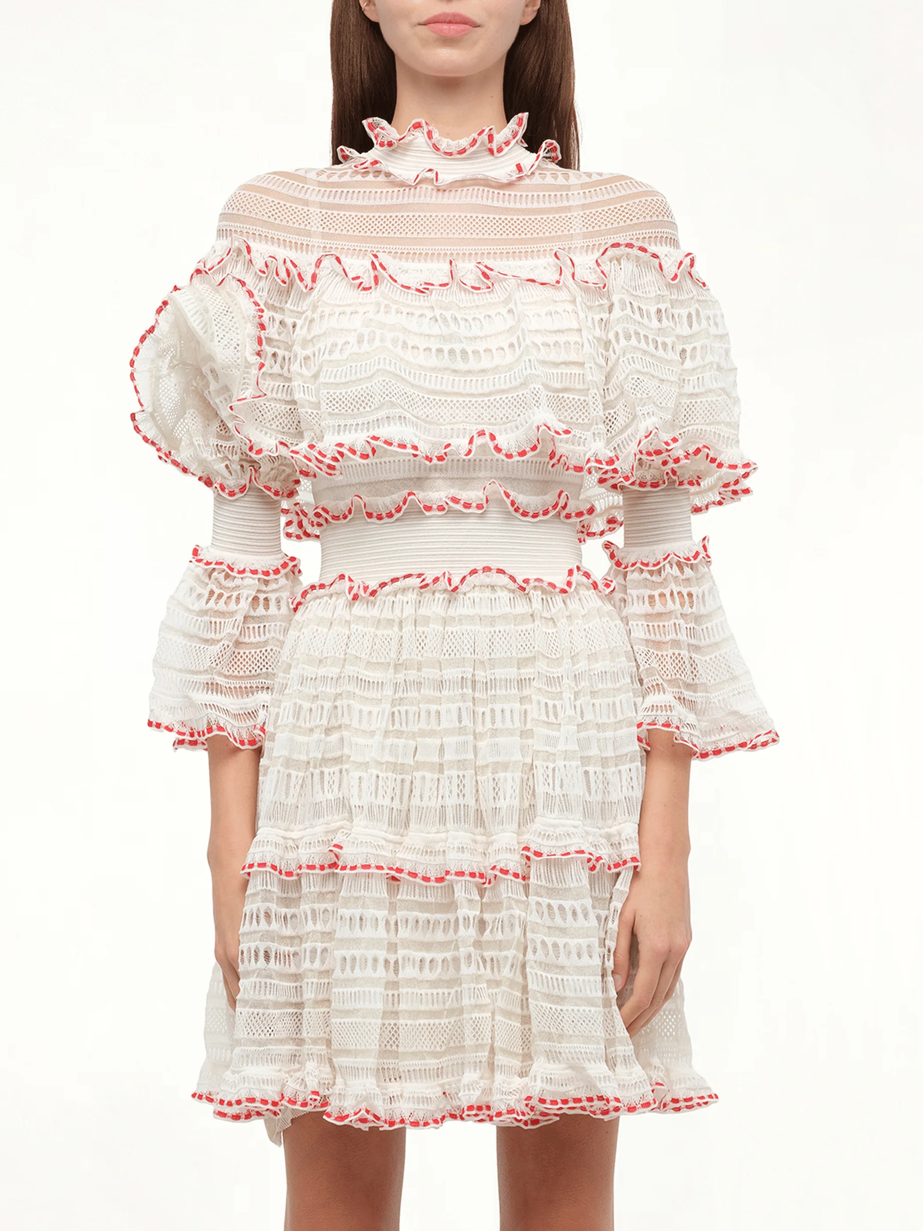 AMQ - Volume Lace Mini Dress in White/Pink
