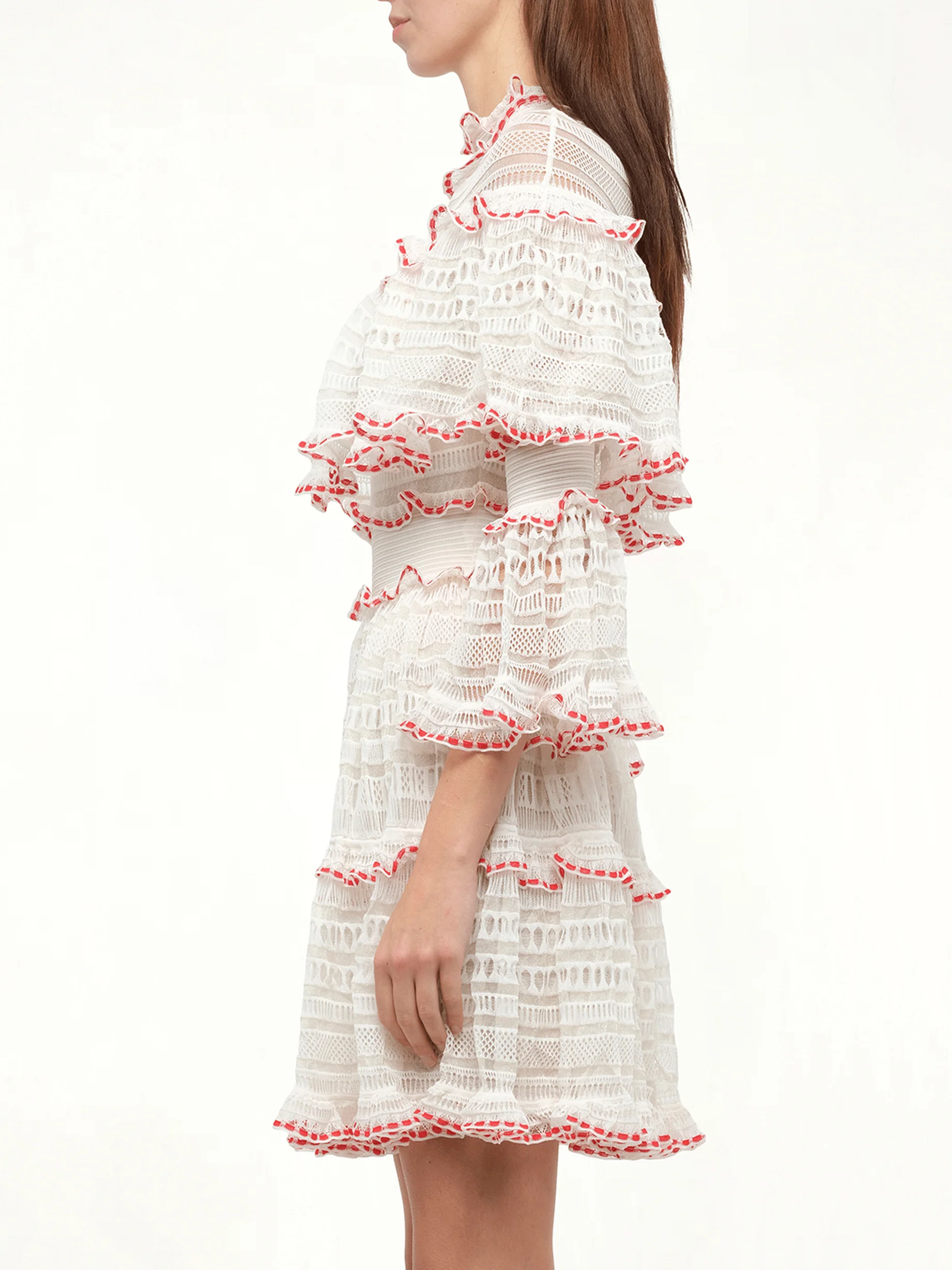 AMQ - Volume Lace Mini Dress in White/Pink - Image 5