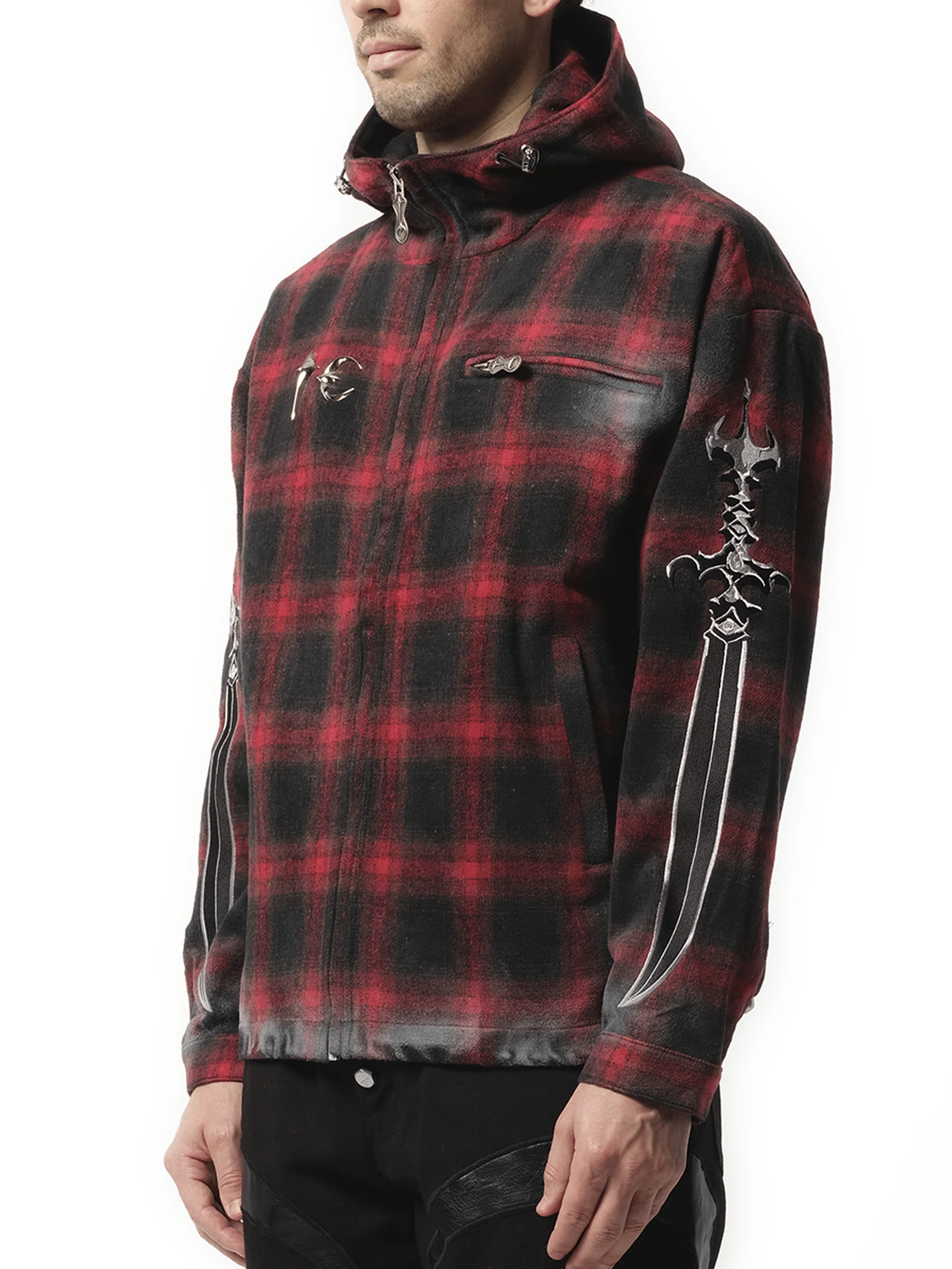 Arab Sword Flannel Zip-up Jacket in Red - Image 5