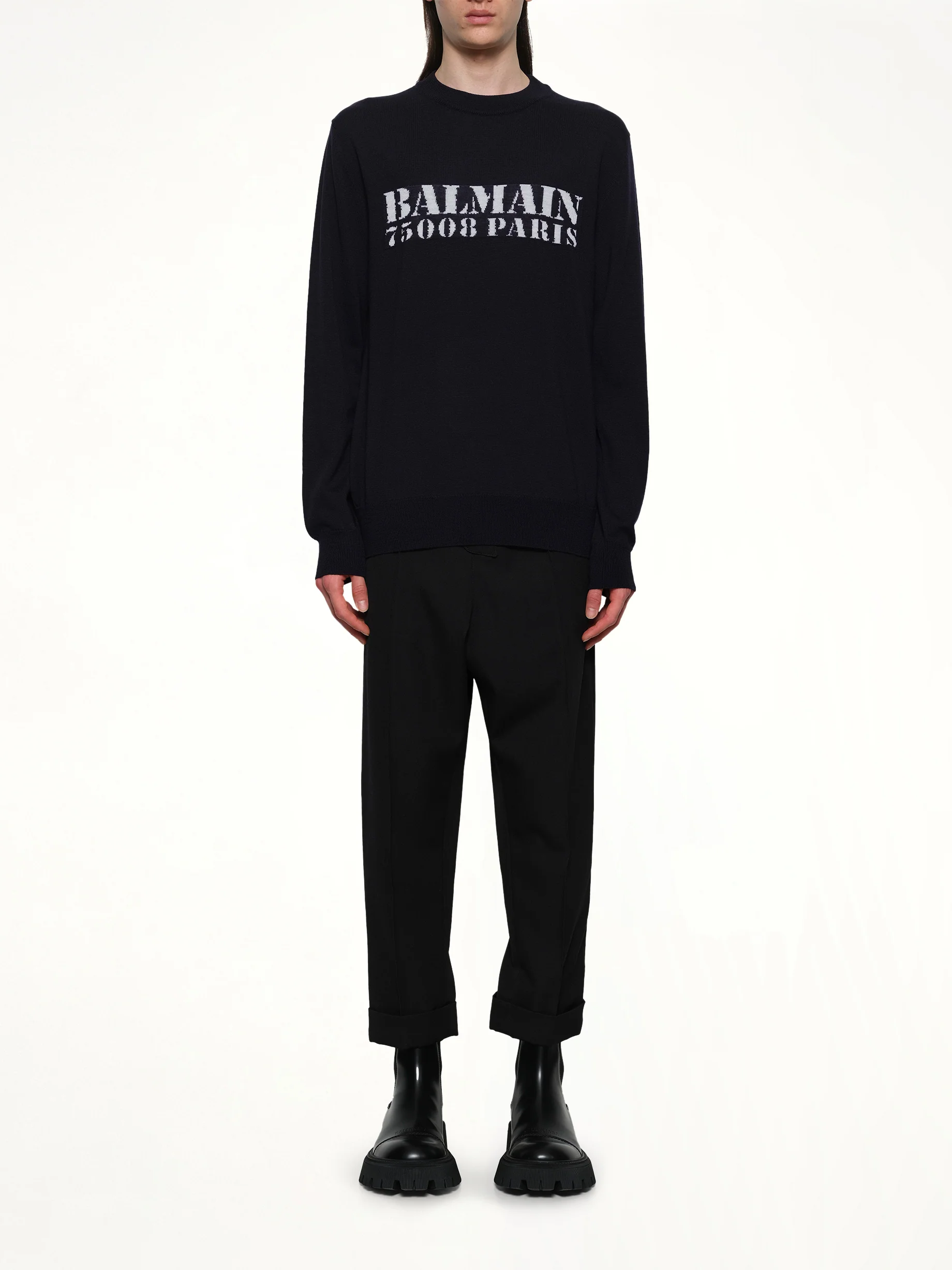 Balmain Big Stamp Knit Sweater in Navy/White - Image 7