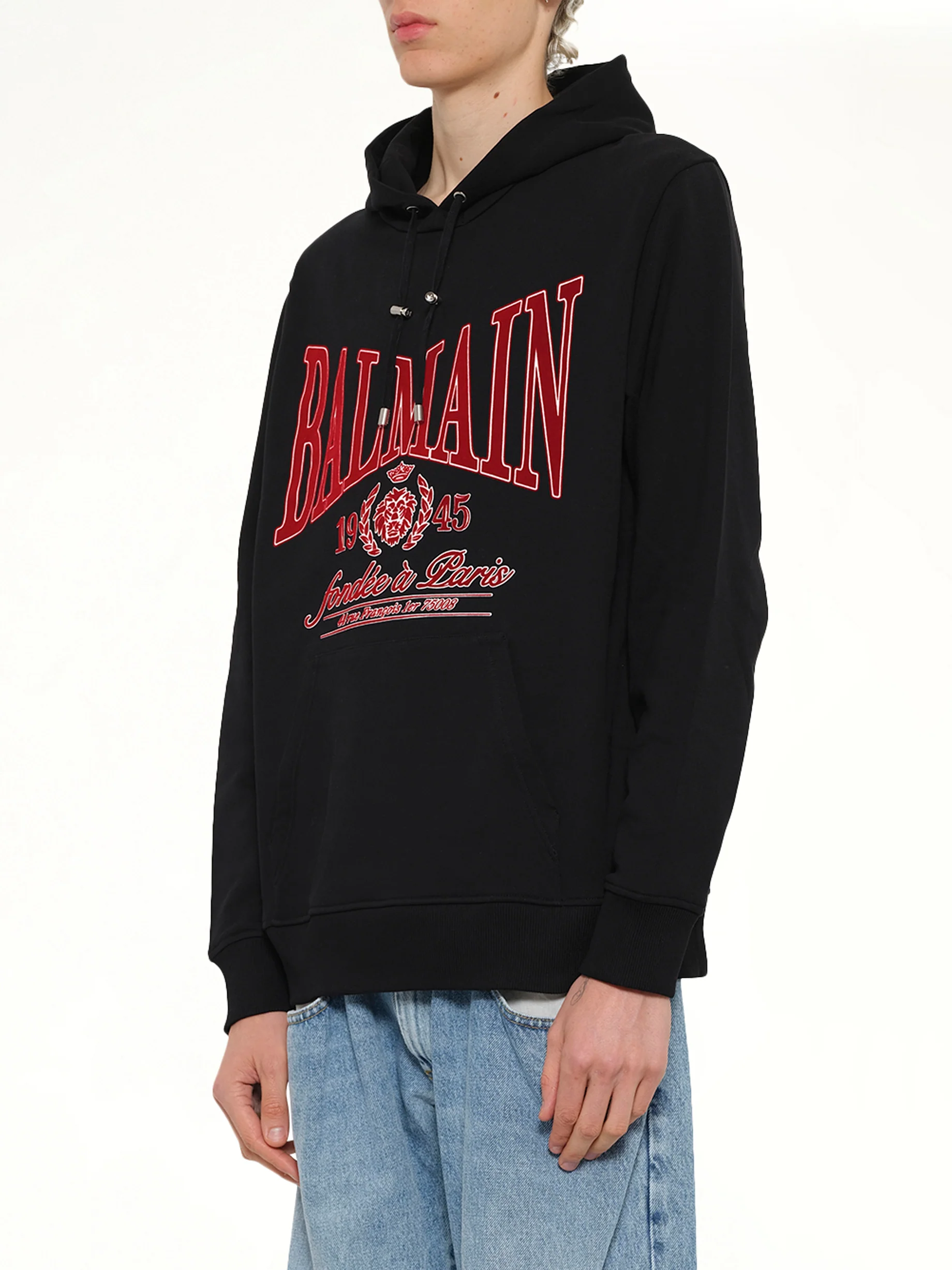 Balmain College Flock Hoodie in Black/Red - Image 3