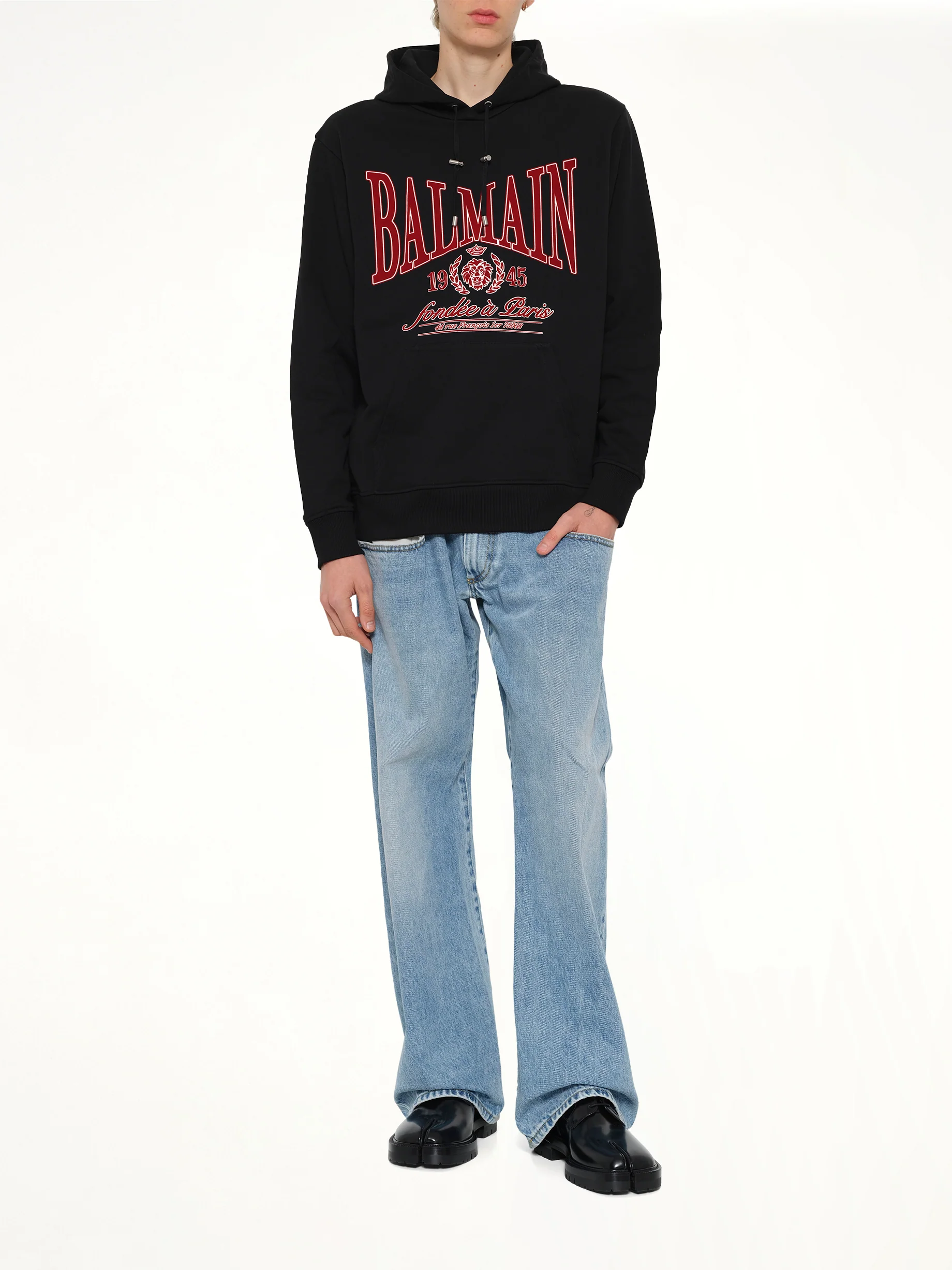 Balmain College Flock Hoodie in Black/Red - Image 4
