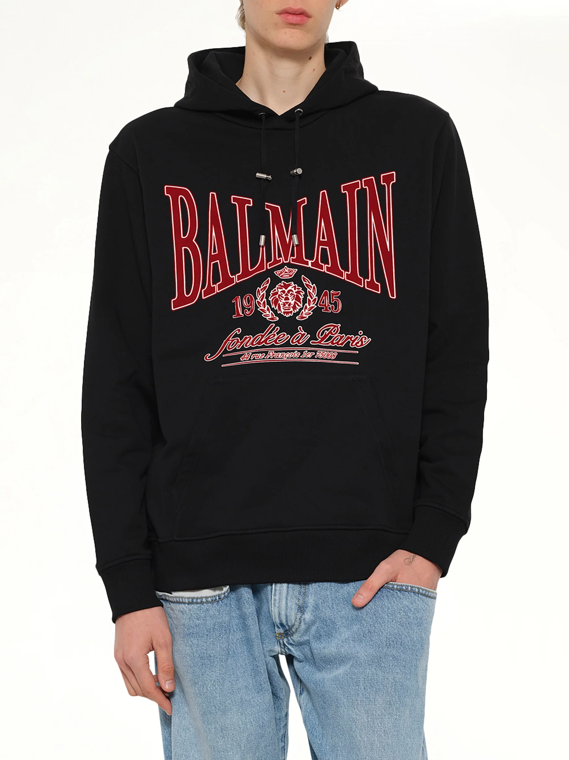 Balmain College Flock Hoodie in Black/Red - Image 6