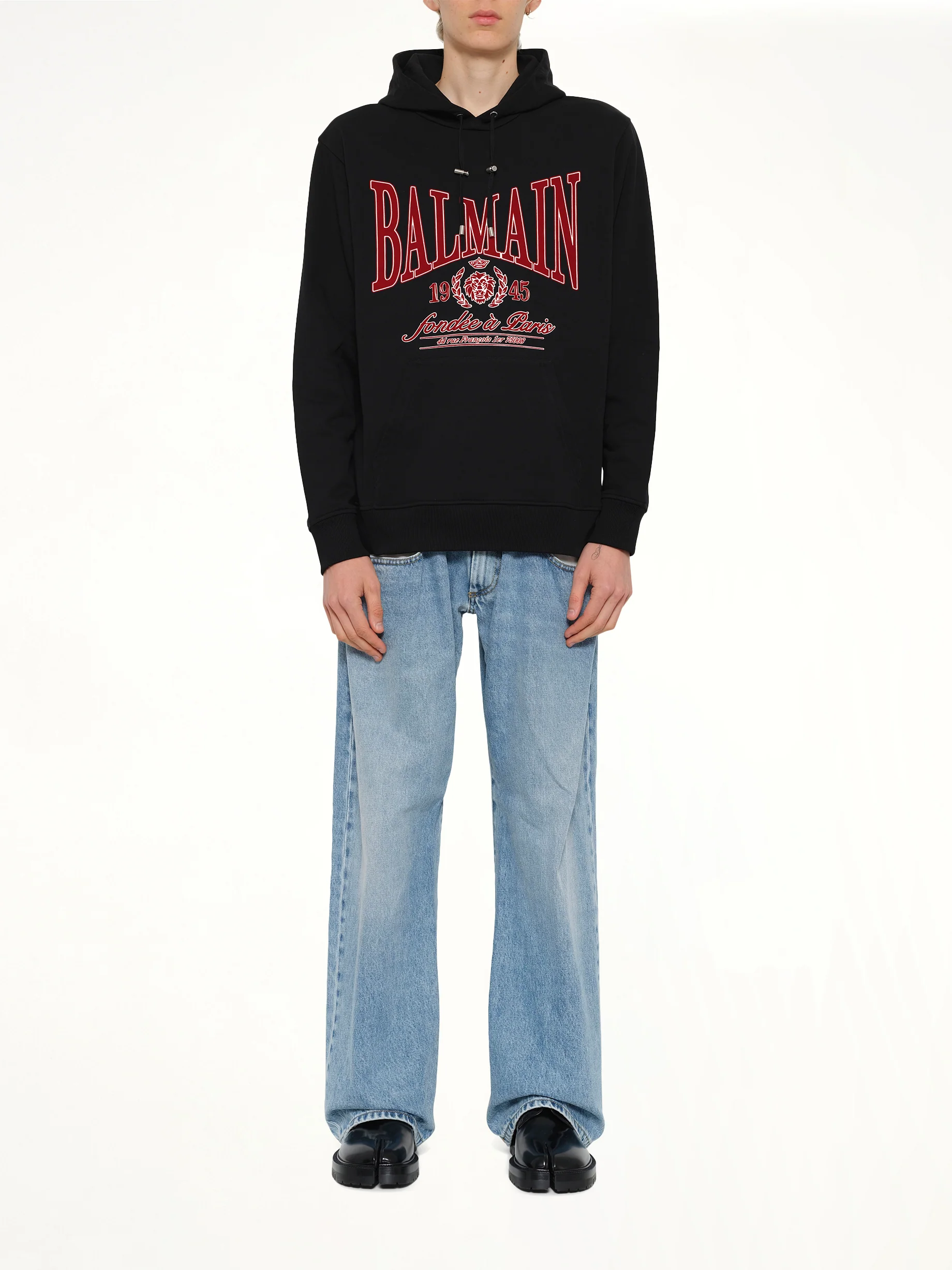 Balmain College Flock Hoodie in Black/Red - Image 7
