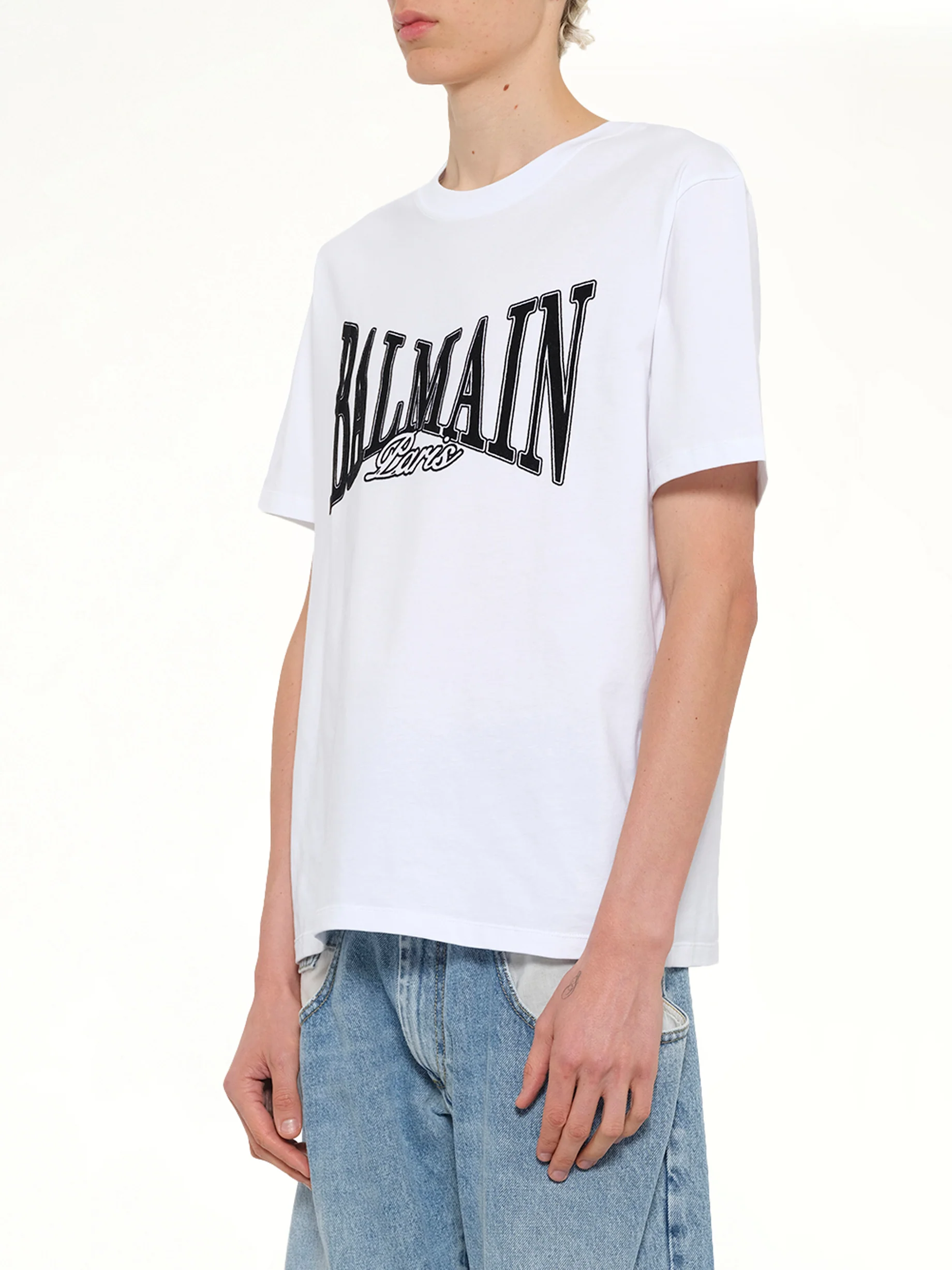 Balmain College Flock T-Shirt in White/Black - Image 3