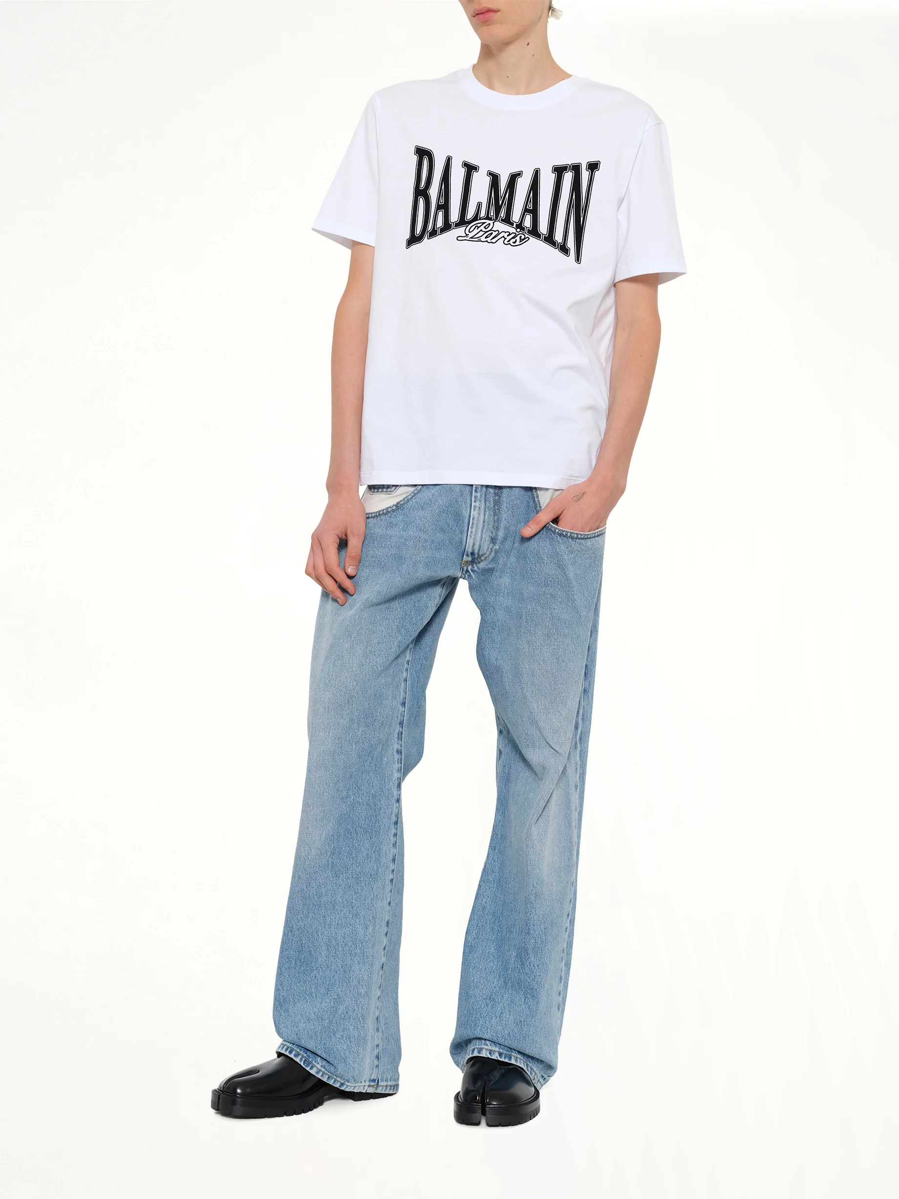 Balmain College Flock T-Shirt in White/Black - Image 4