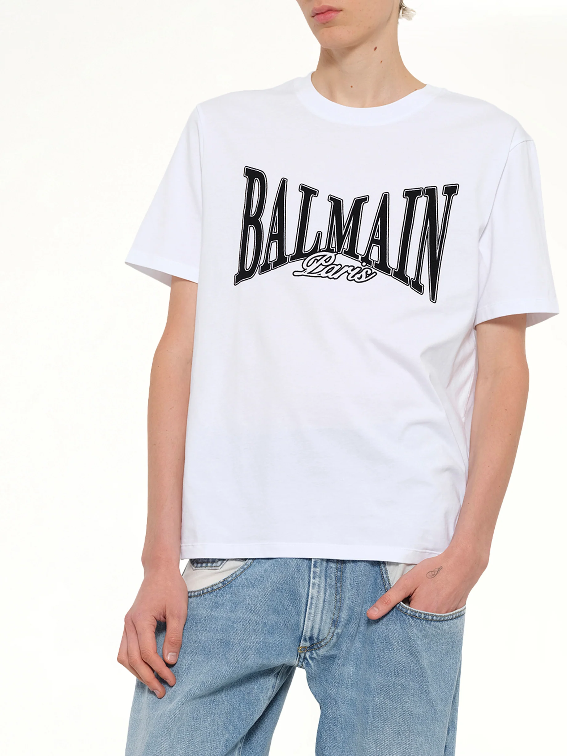 Balmain College Flock T-Shirt in White/Black - Image 6