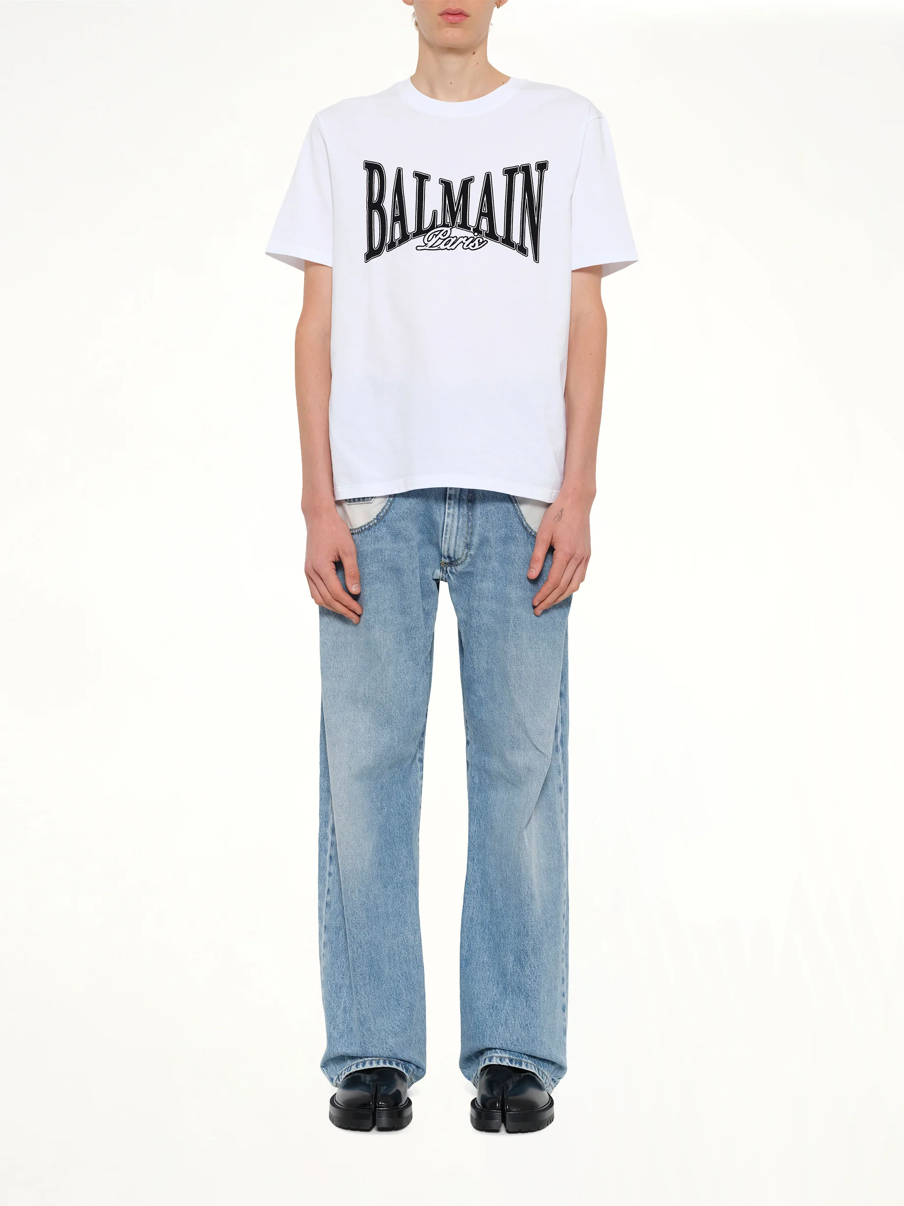 Balmain College Flock T-Shirt in White/Black - Image 7