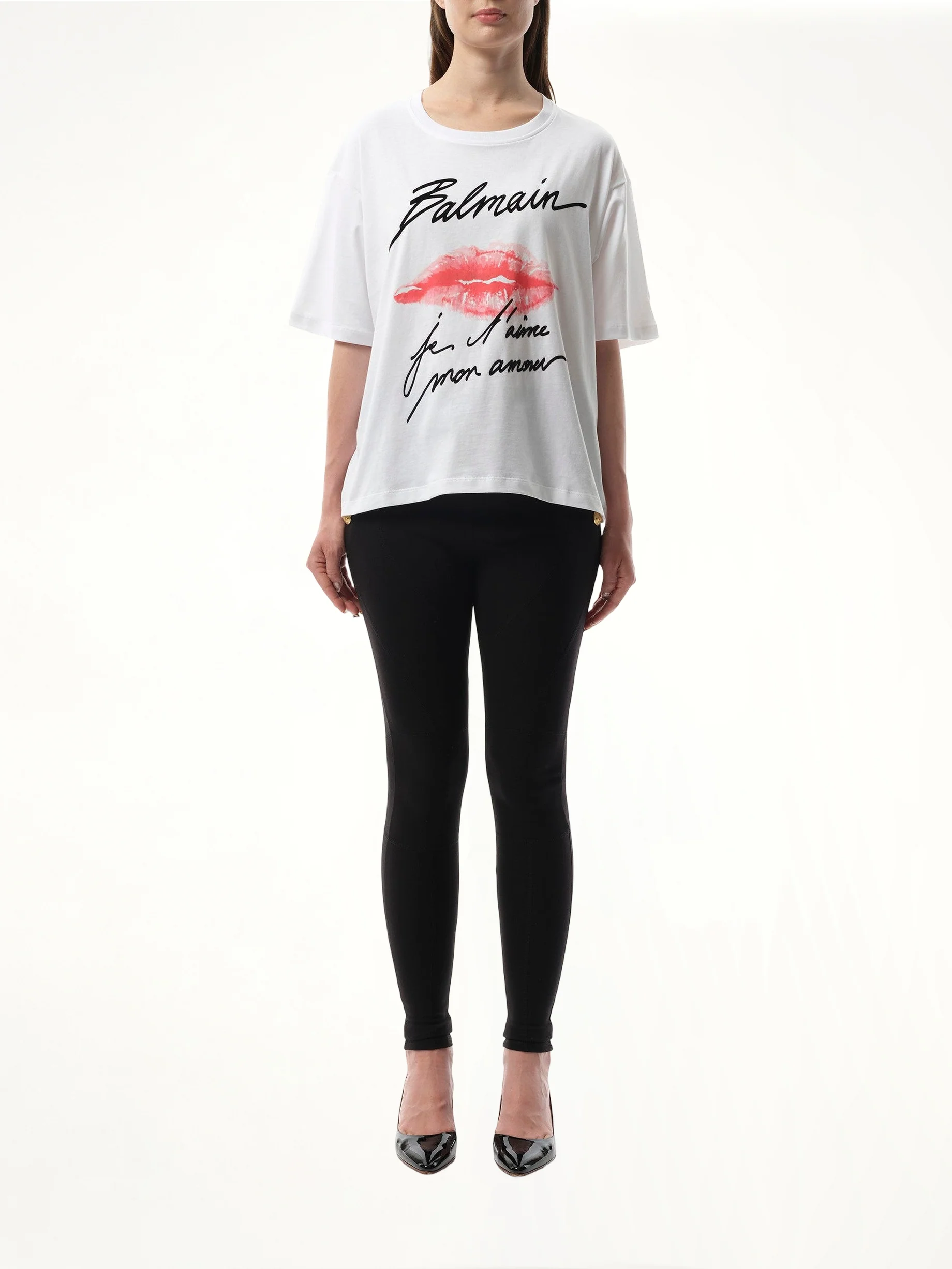 Balmain Kiss Print T-Shirt in White/Black/Red - Image 4