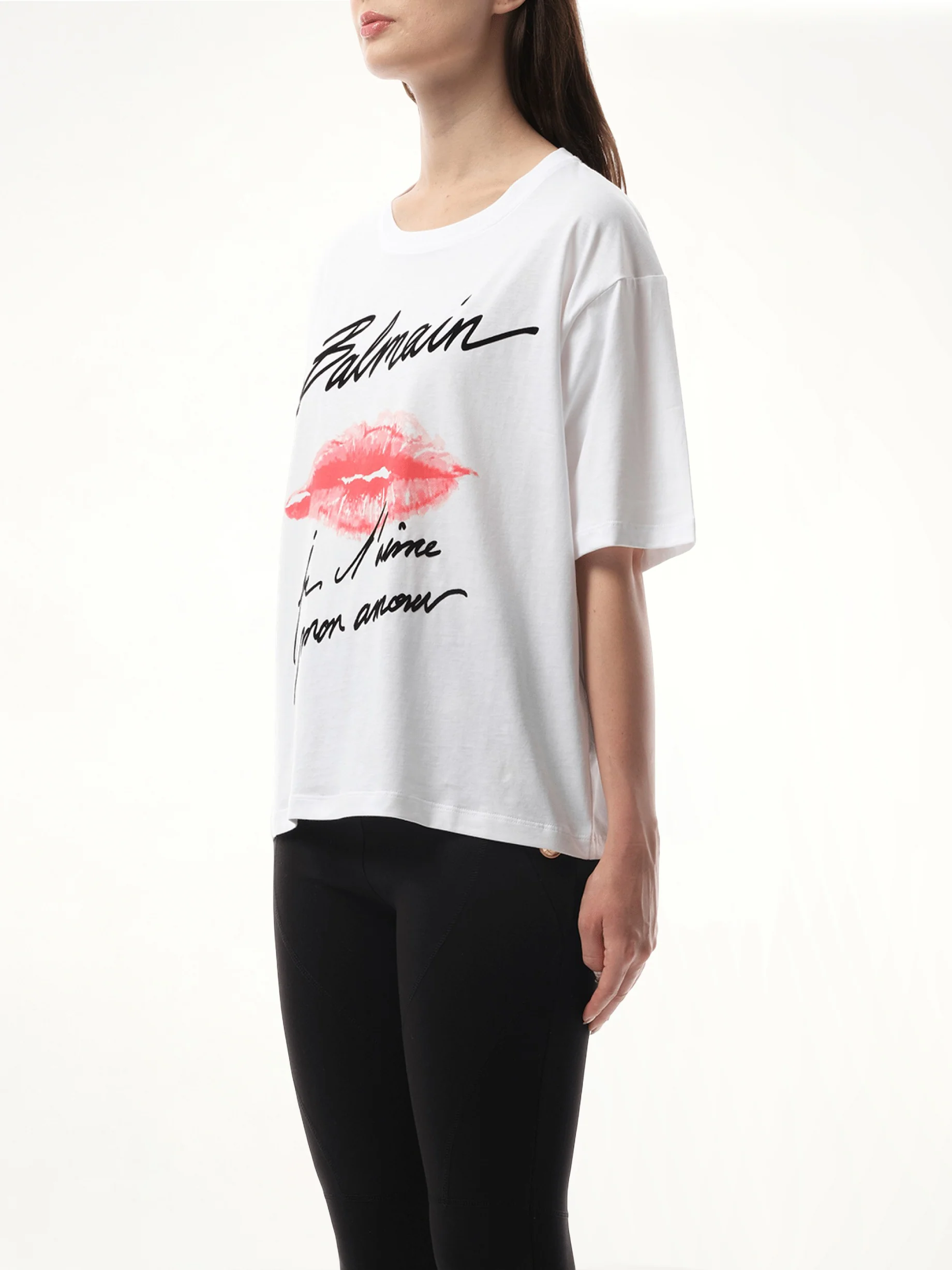Balmain Kiss Print T-Shirt in White/Black/Red - Image 5