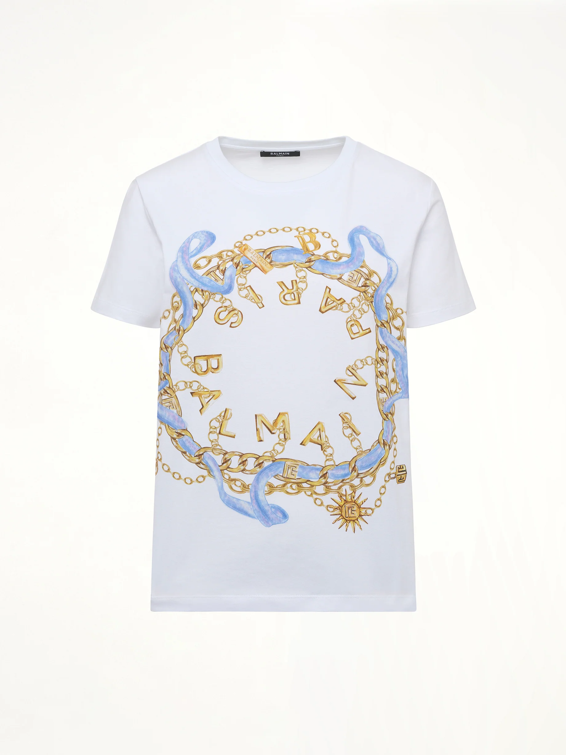 Balmain Paris Chain T-Shirt in White/Blue/Gold - Image 2