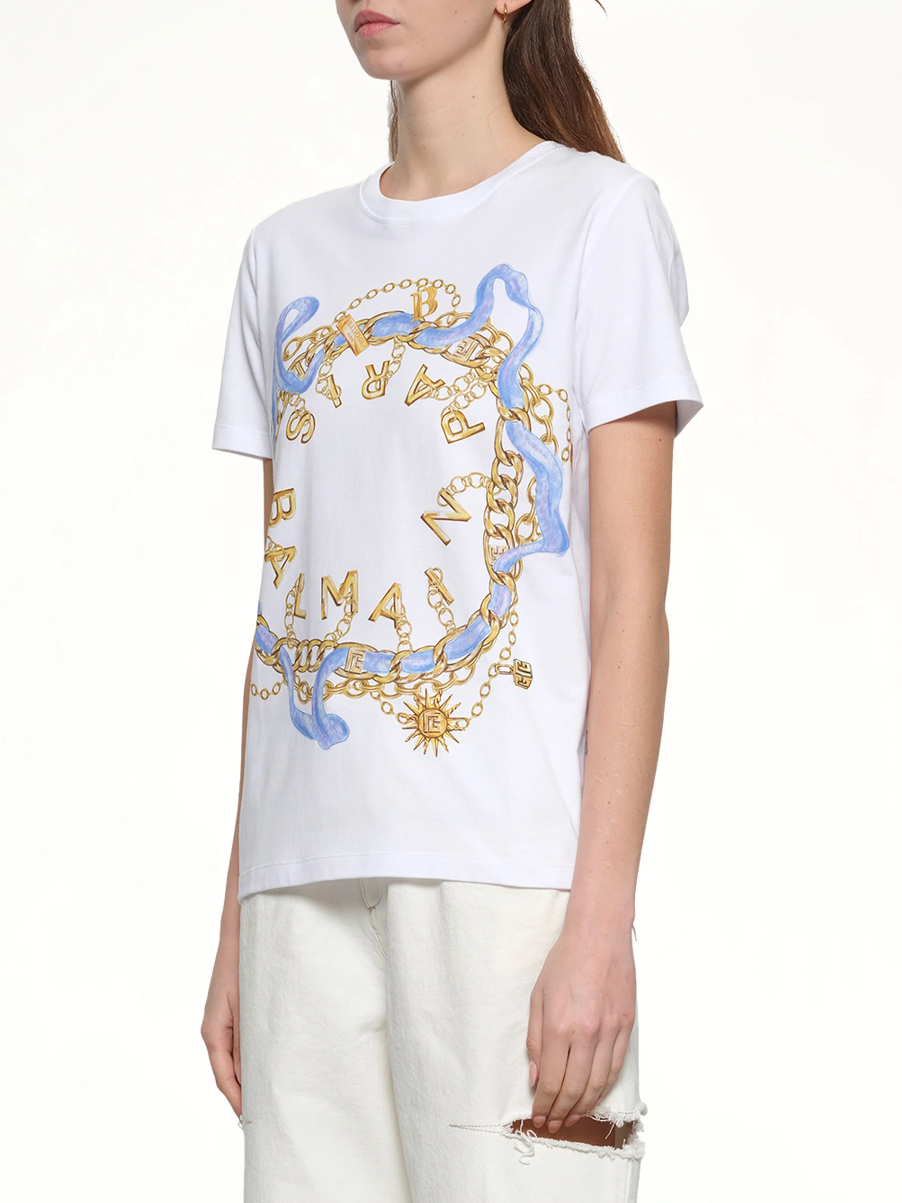 Balmain Paris Chain T-Shirt in White/Blue/Gold - Image 3