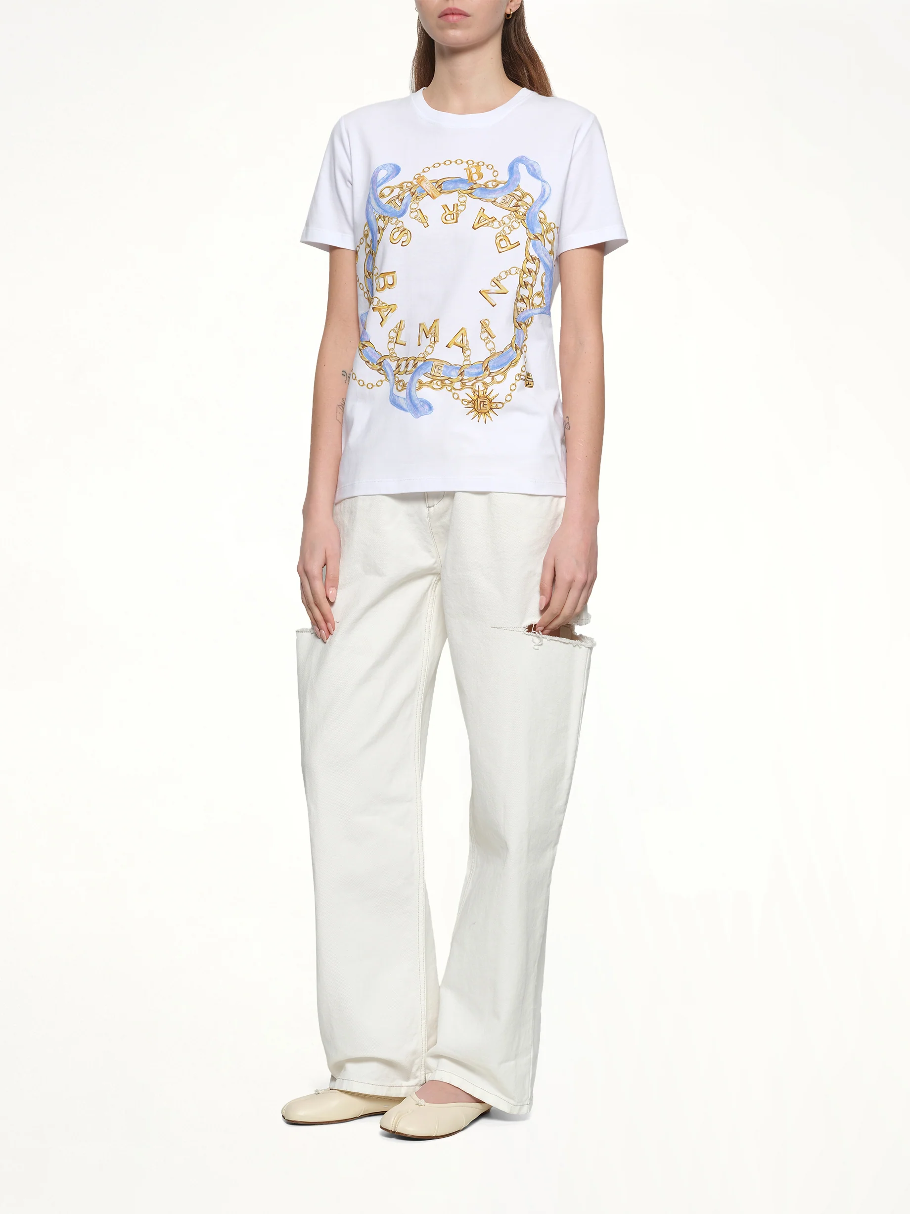 Balmain Paris Chain T-Shirt in White/Blue/Gold - Image 4