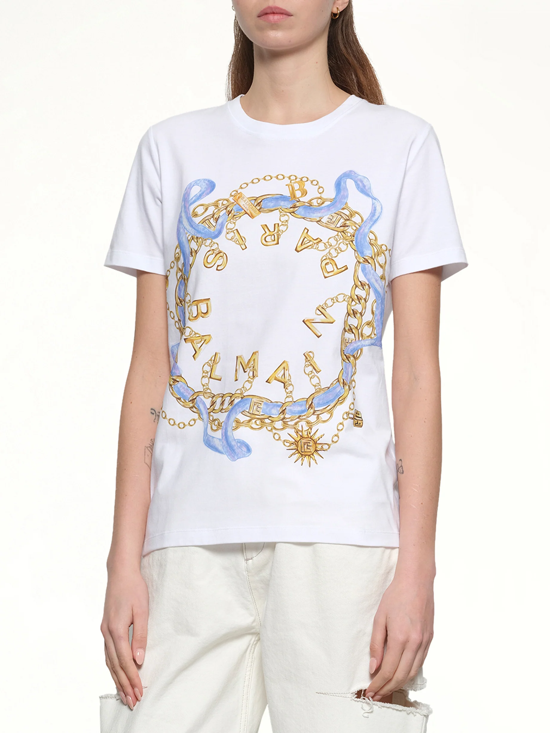 Balmain Paris Chain T-Shirt in White/Blue/Gold - Image 6