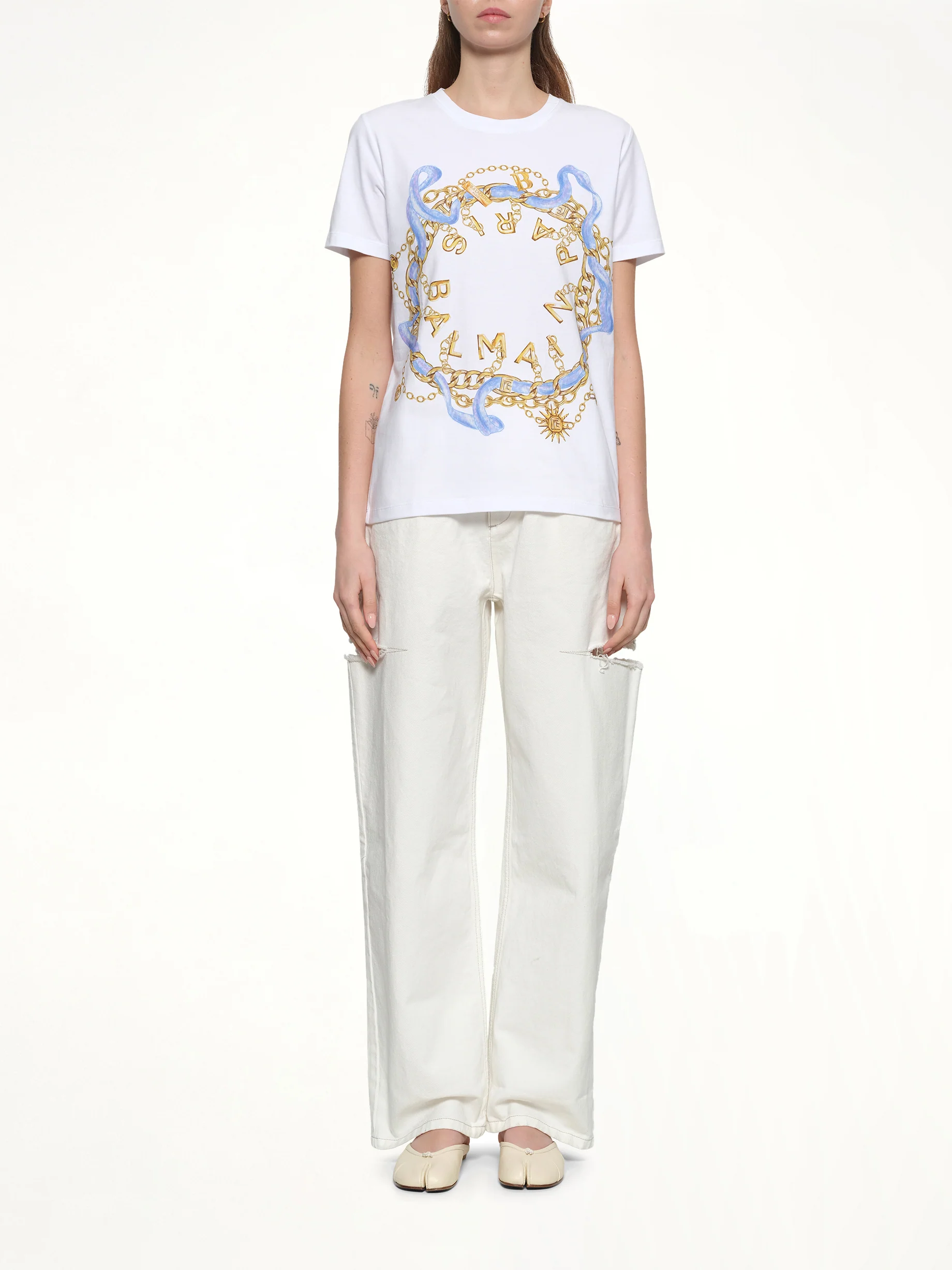 Balmain Paris Chain T-Shirt in White/Blue/Gold - Image 7