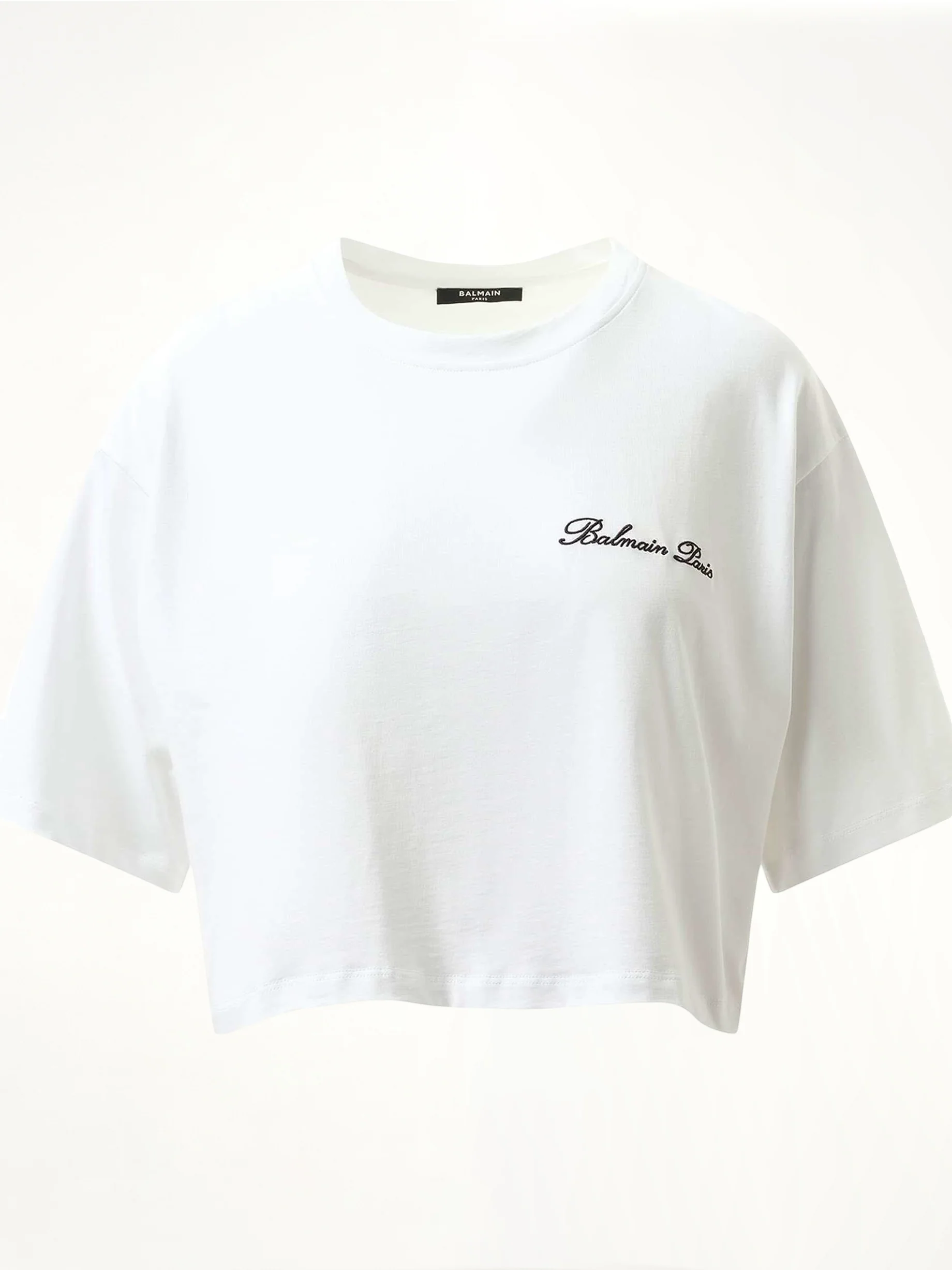 Balmain Signatured Embroidered Crop Top in White/Black - Image 2