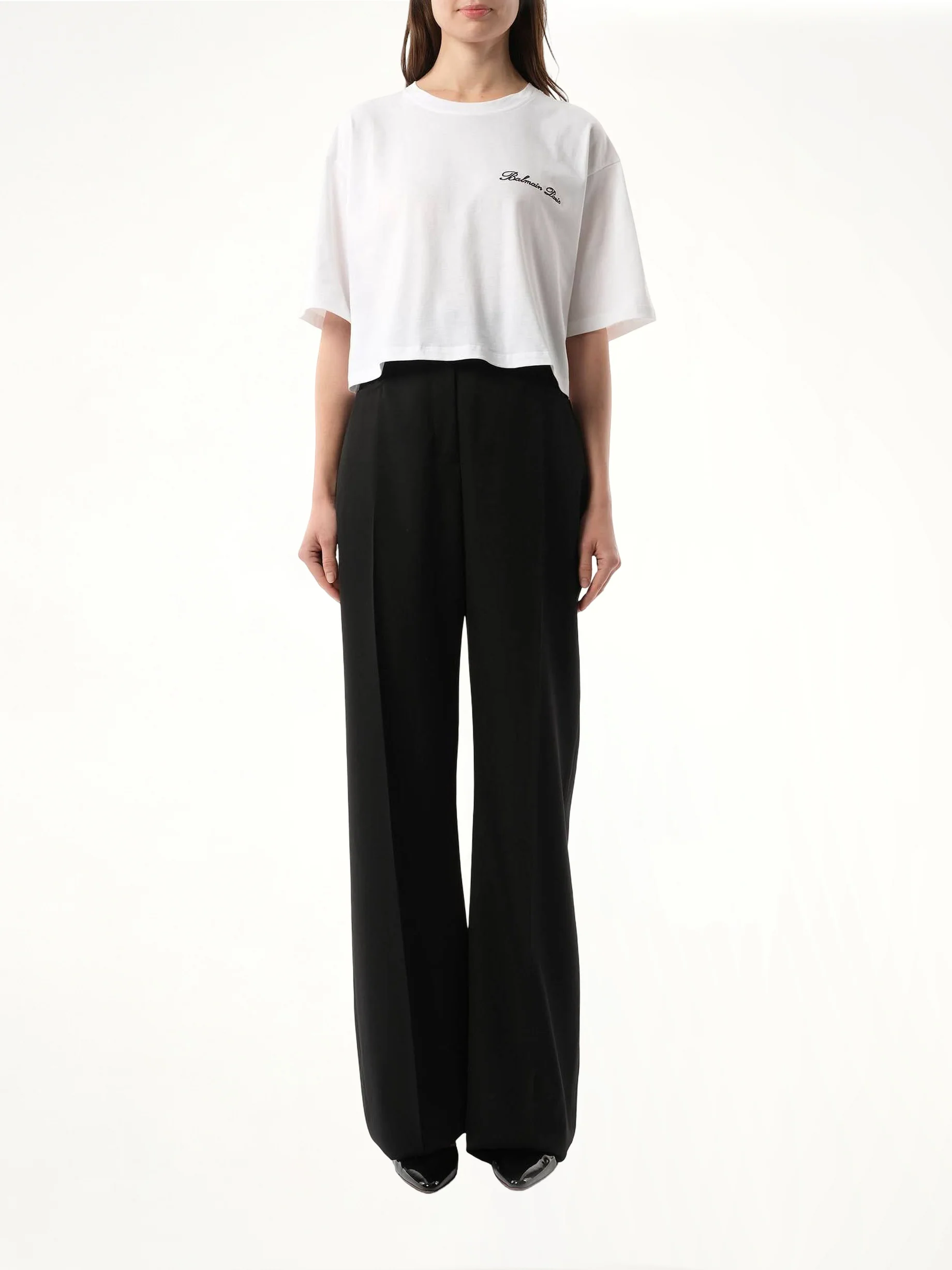 Balmain Signatured Embroidered Crop Top in White/Black - Image 4