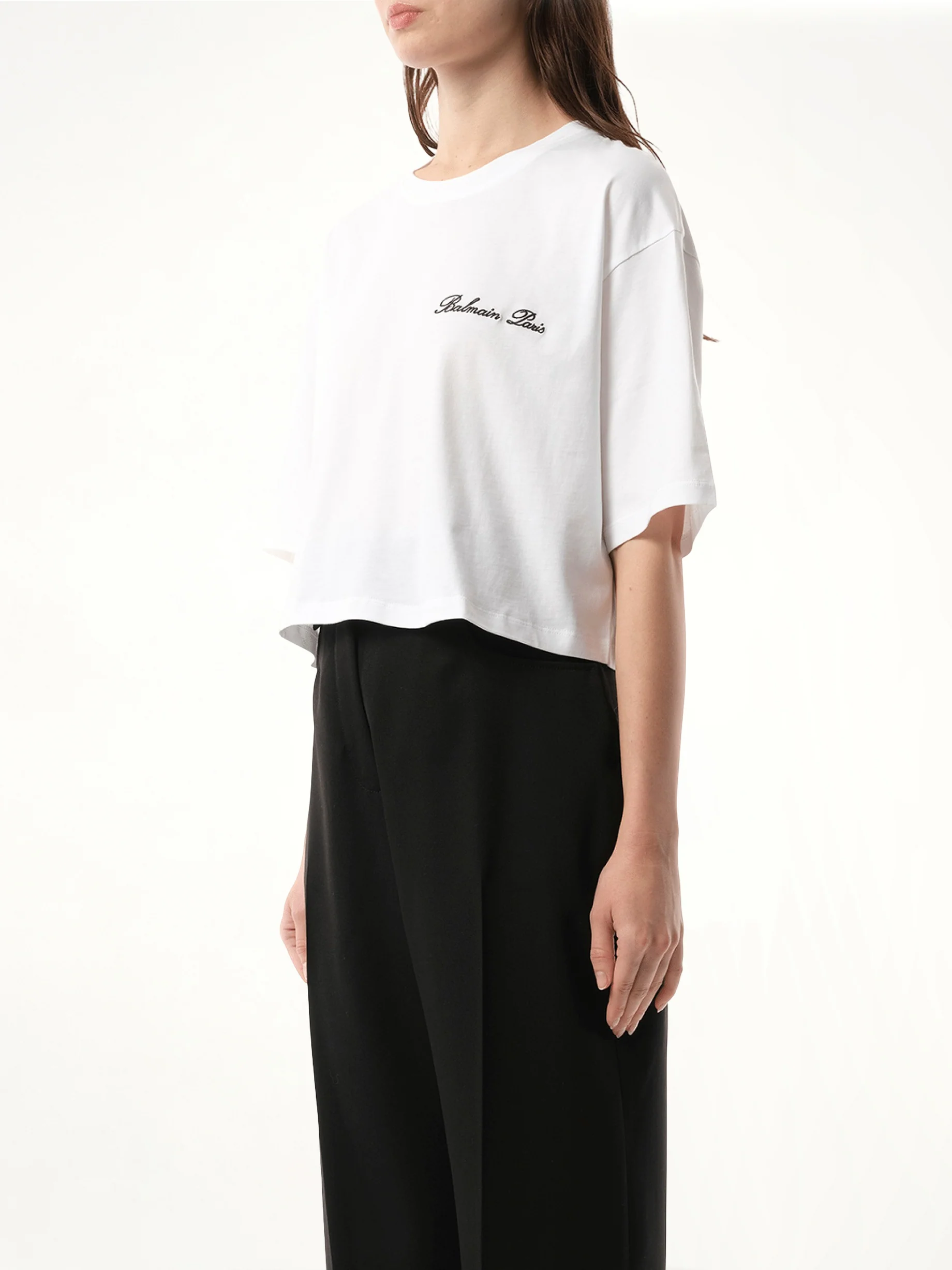 Balmain Signatured Embroidered Crop Top in White/Black - Image 5