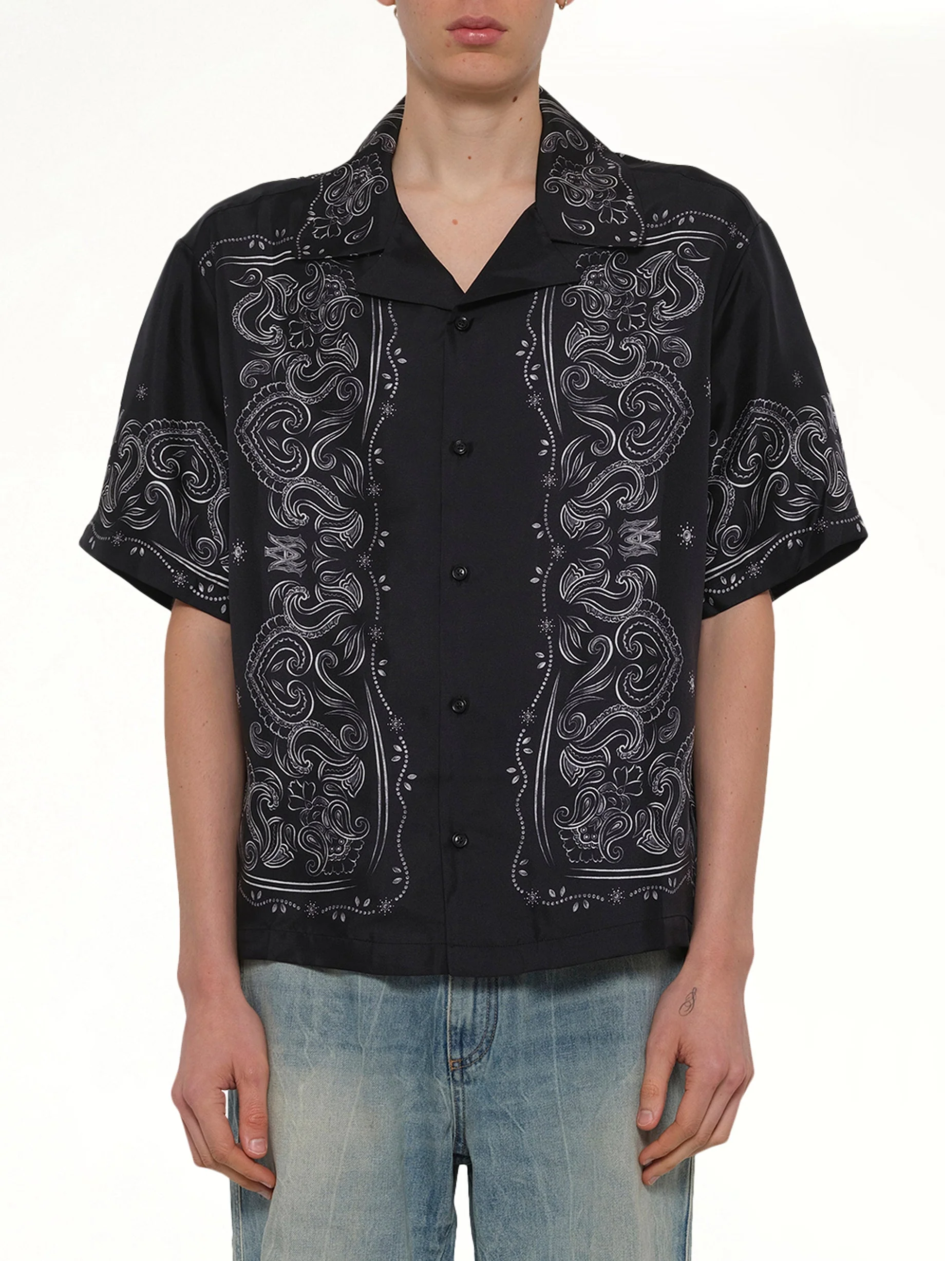 Bandana Paint Oversized Bowling Shirt in Black