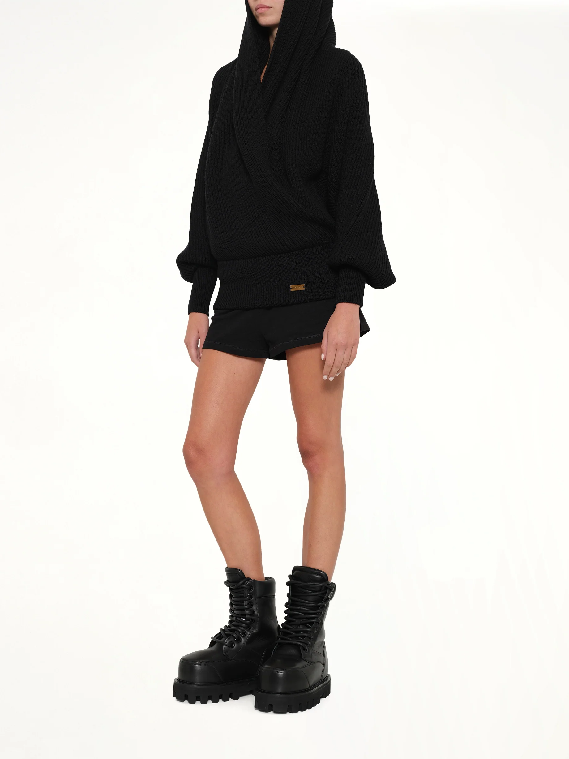 Batwing Hooded Rib Knit Pullover in Black - Image 4