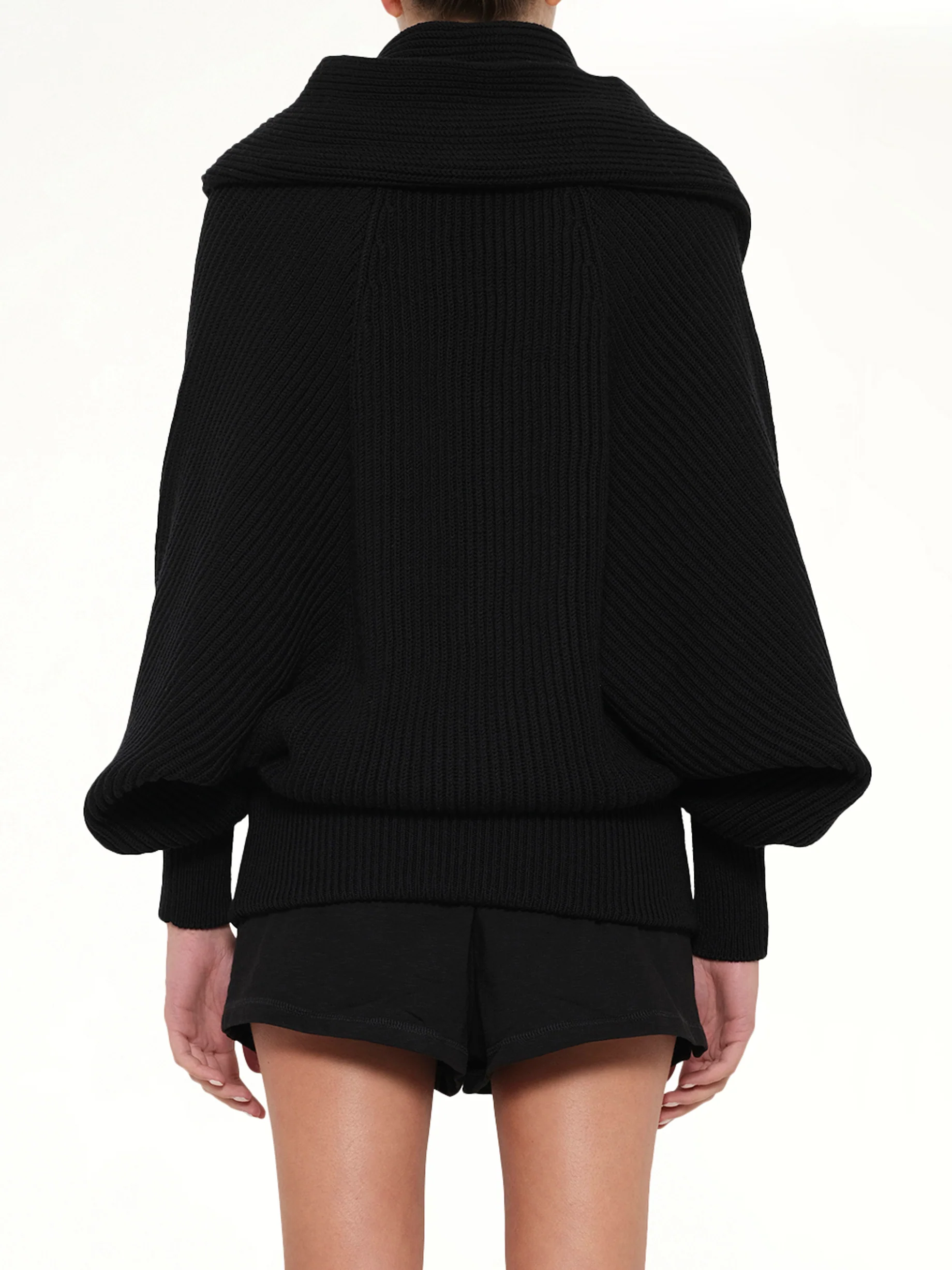 Batwing Hooded Rib Knit Pullover in Black - Image 5