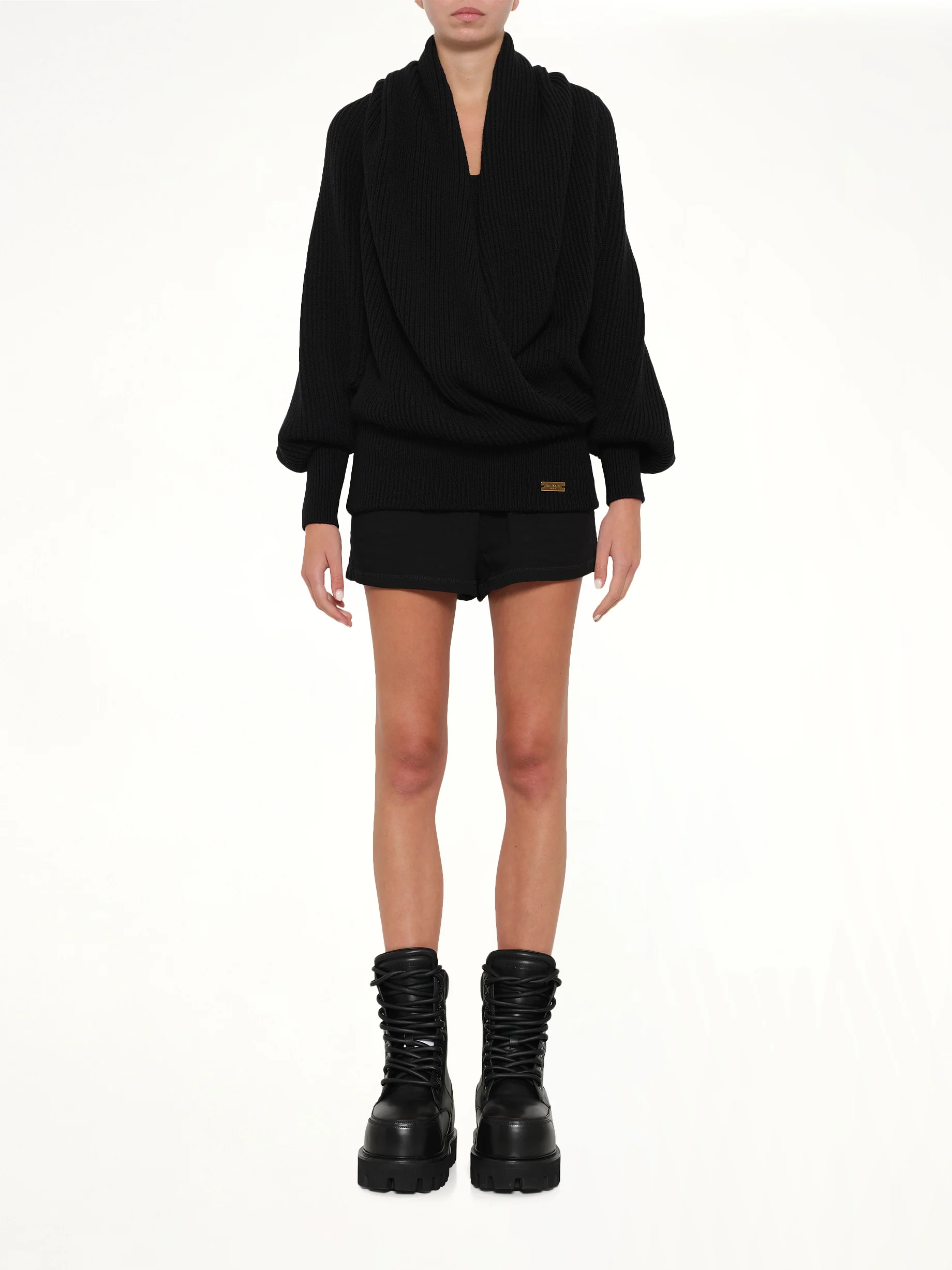 Batwing Hooded Rib Knit Pullover in Black - Image 7