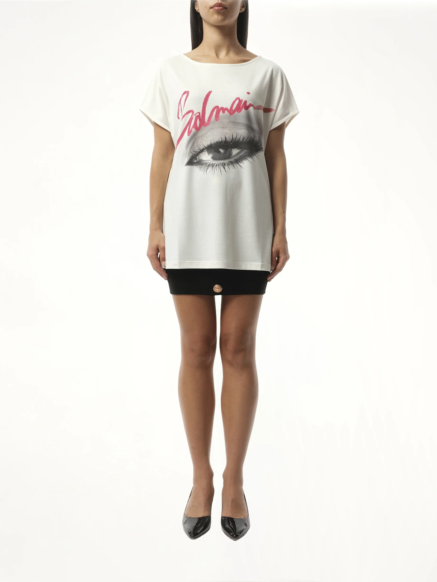 Boatneck Balmain Eye Print Top in White - Image 4