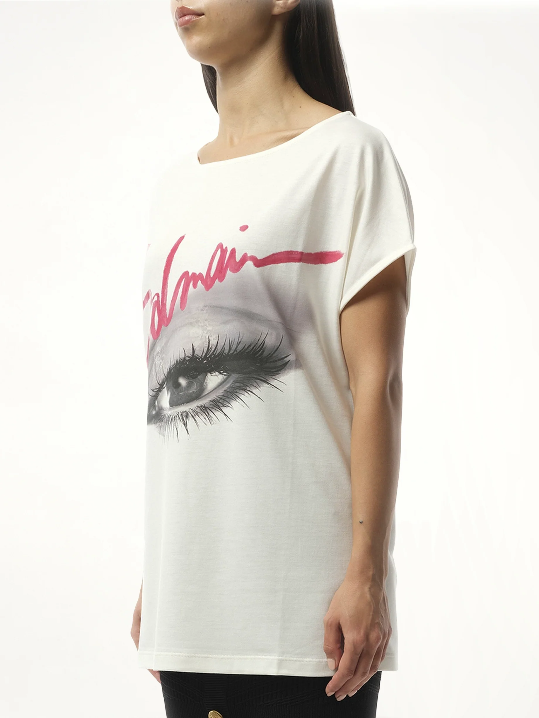 Boatneck Balmain Eye Print Top in White - Image 5
