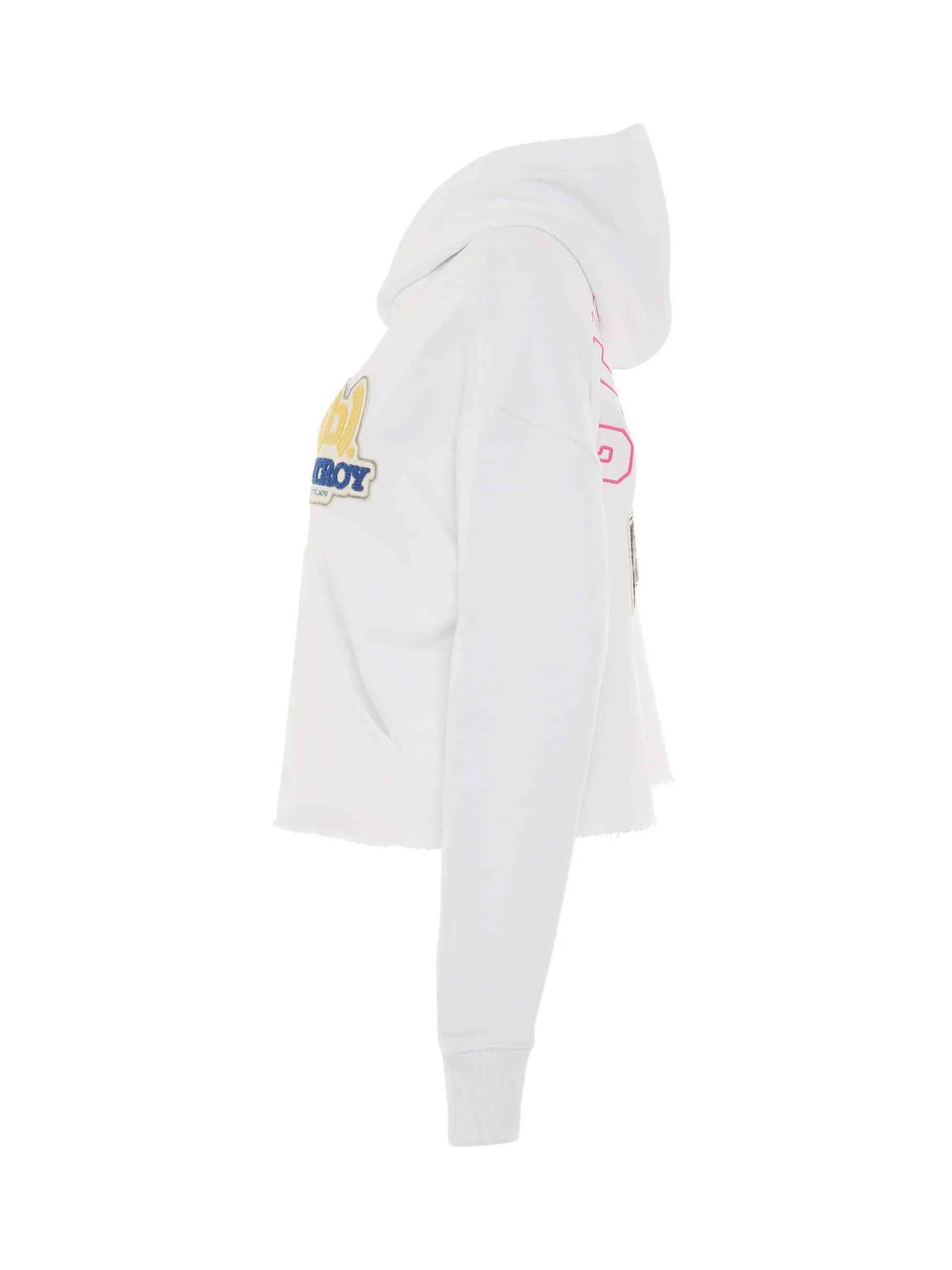 BSTROY Embroidered Patch Cropped Hoodie in White - Image 3