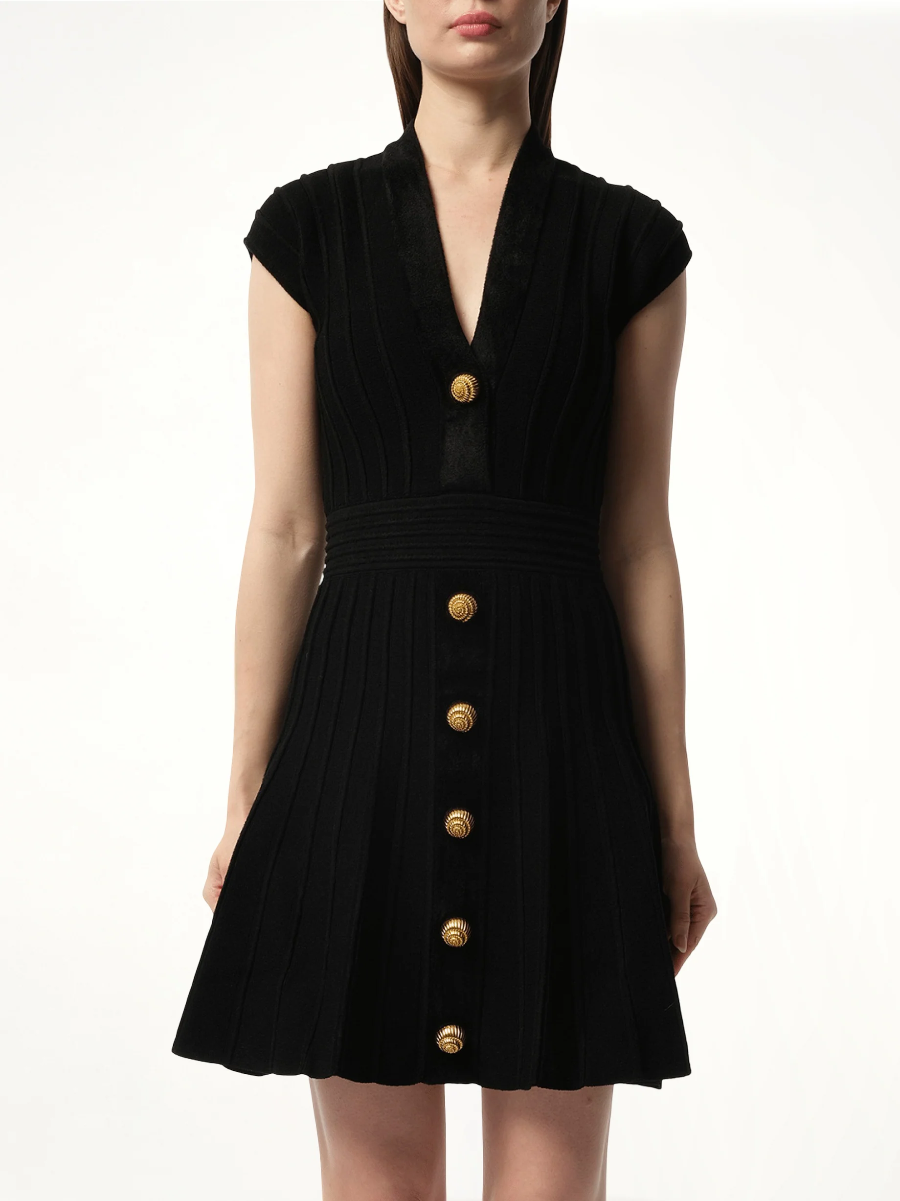 Button V-Neck Velvet Flare Short Dress in Black