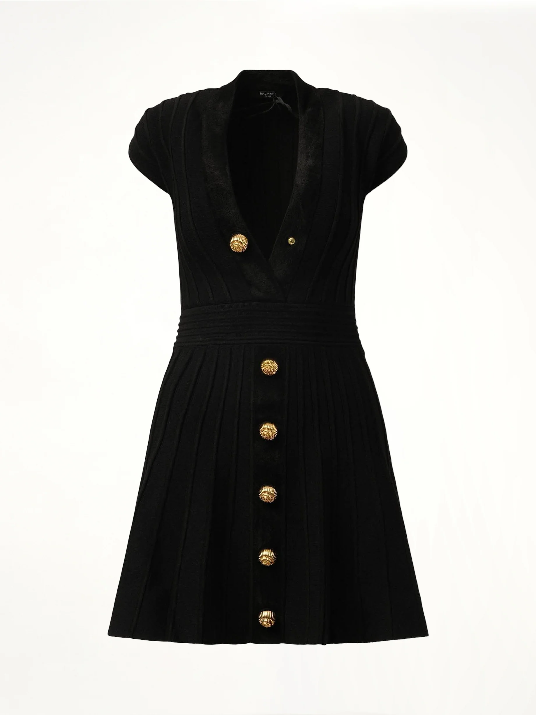 Button V-Neck Velvet Flare Short Dress in Black - Image 2
