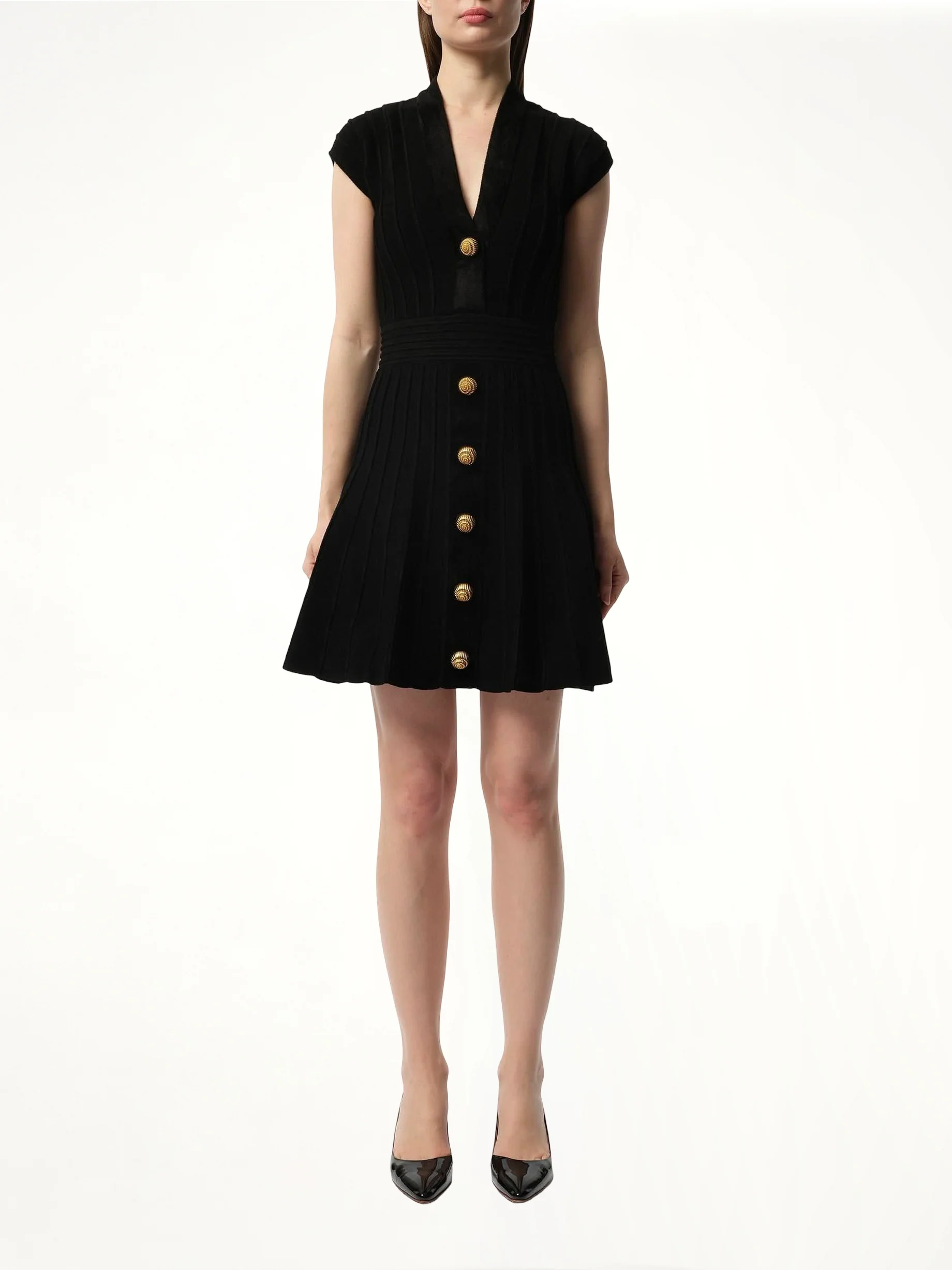Button V-Neck Velvet Flare Short Dress in Black - Image 4
