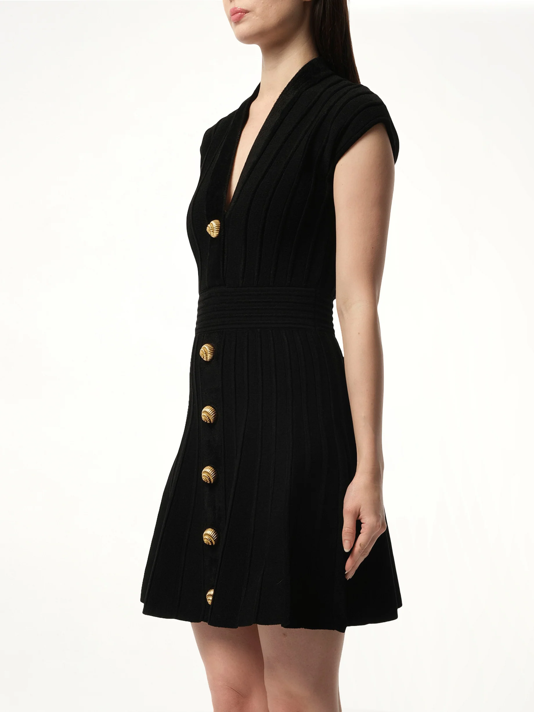 Button V-Neck Velvet Flare Short Dress in Black - Image 5