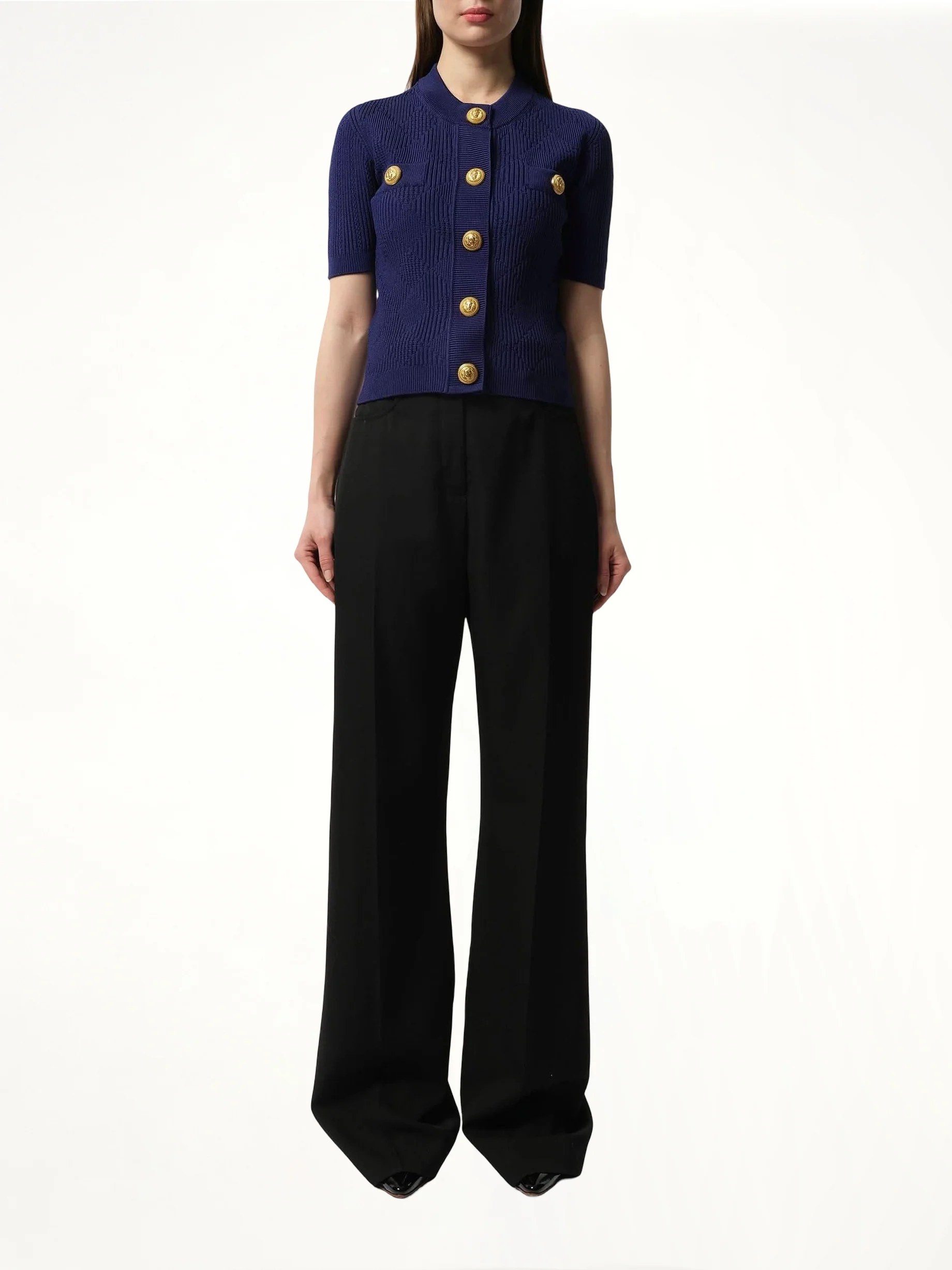 Buttoned 2 Pockets Vichy Knit Cardigan in Midnight Blue - Image 4