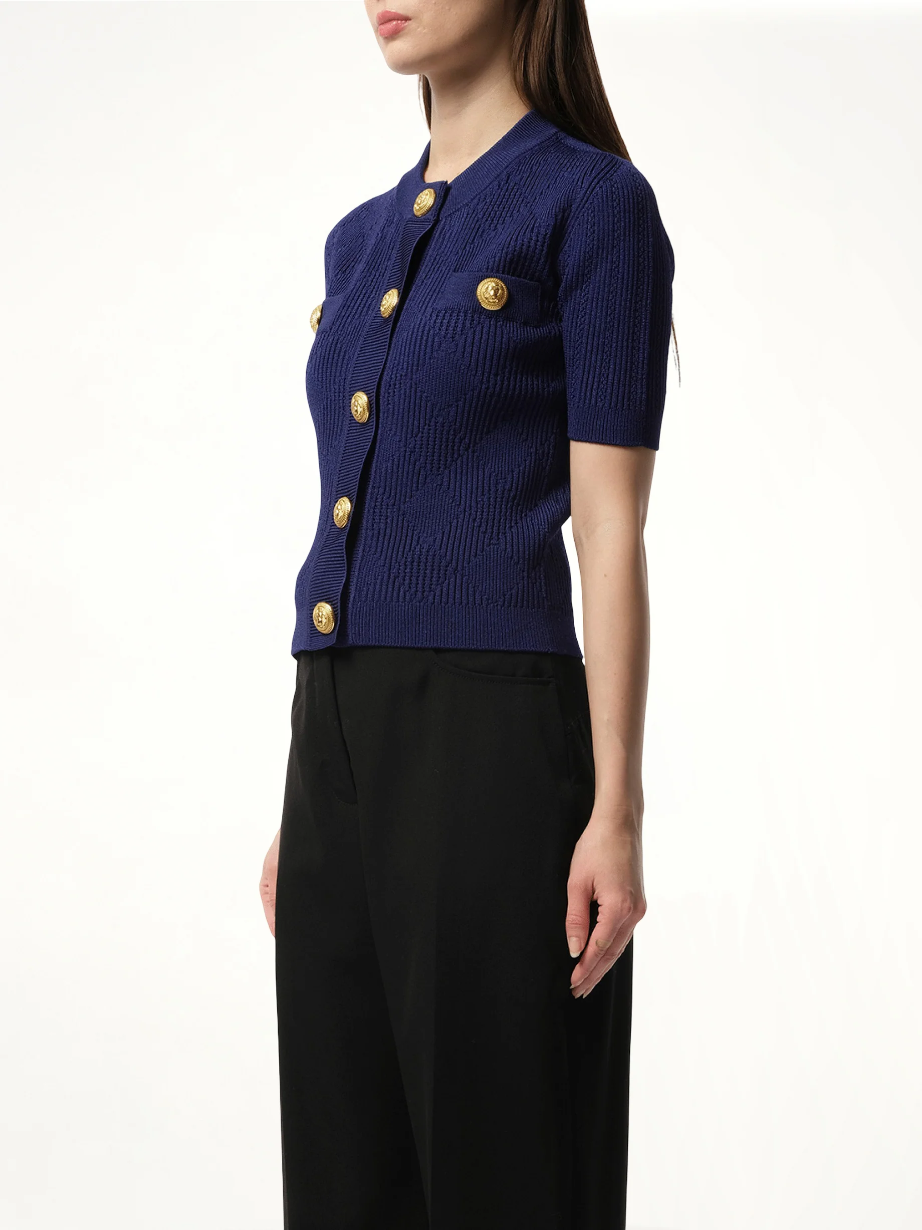 Buttoned 2 Pockets Vichy Knit Cardigan in Midnight Blue - Image 5